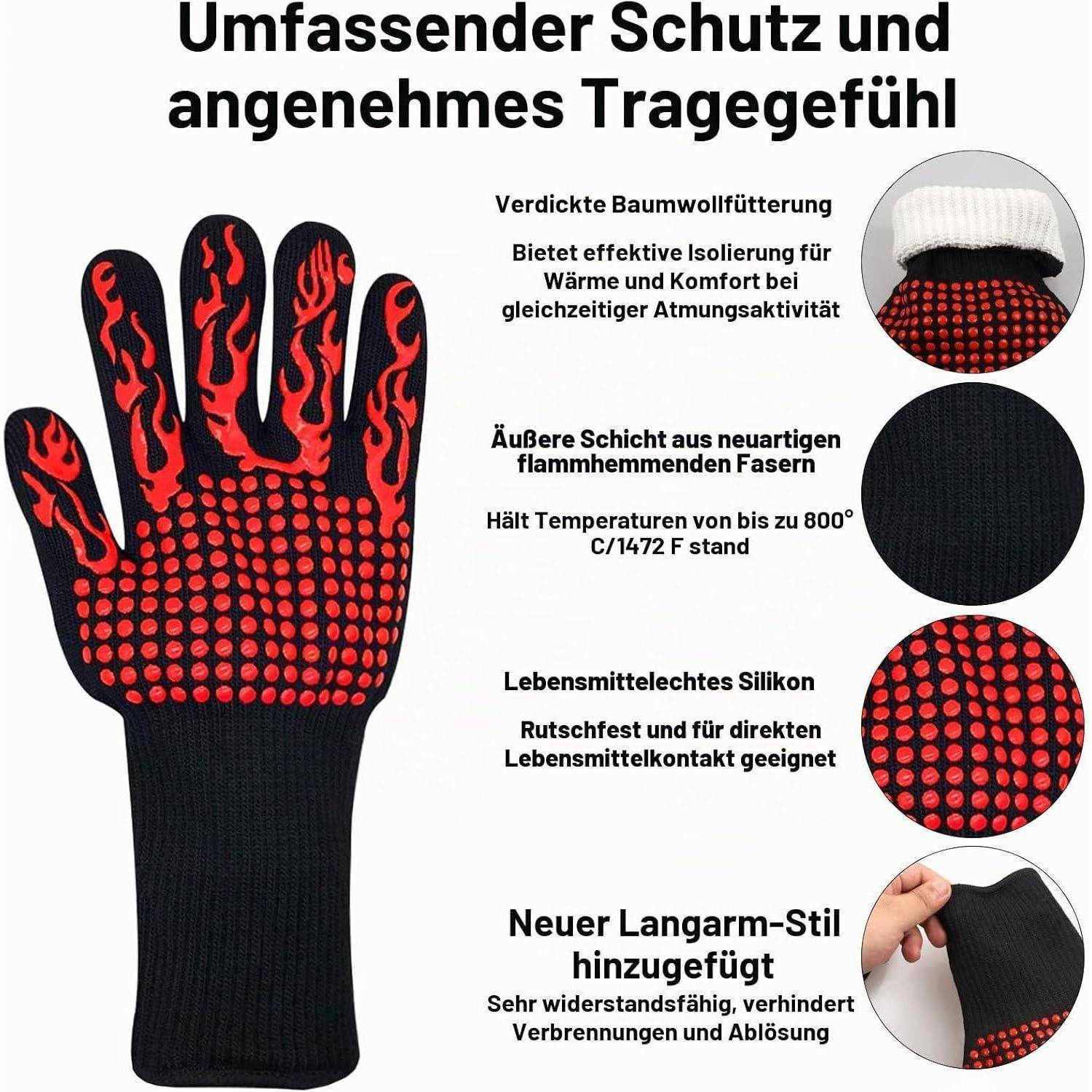 Infografik eines hitzebeständigen Ofenhandschuhs mit geschichteten Materialien und deutschem Text: Baumwollauskleidung, flammenhemmende Außenschicht, lebensmittelsicherer Silikongriff und neuer Langarmstil zum Schutz vor Verbrennungen.