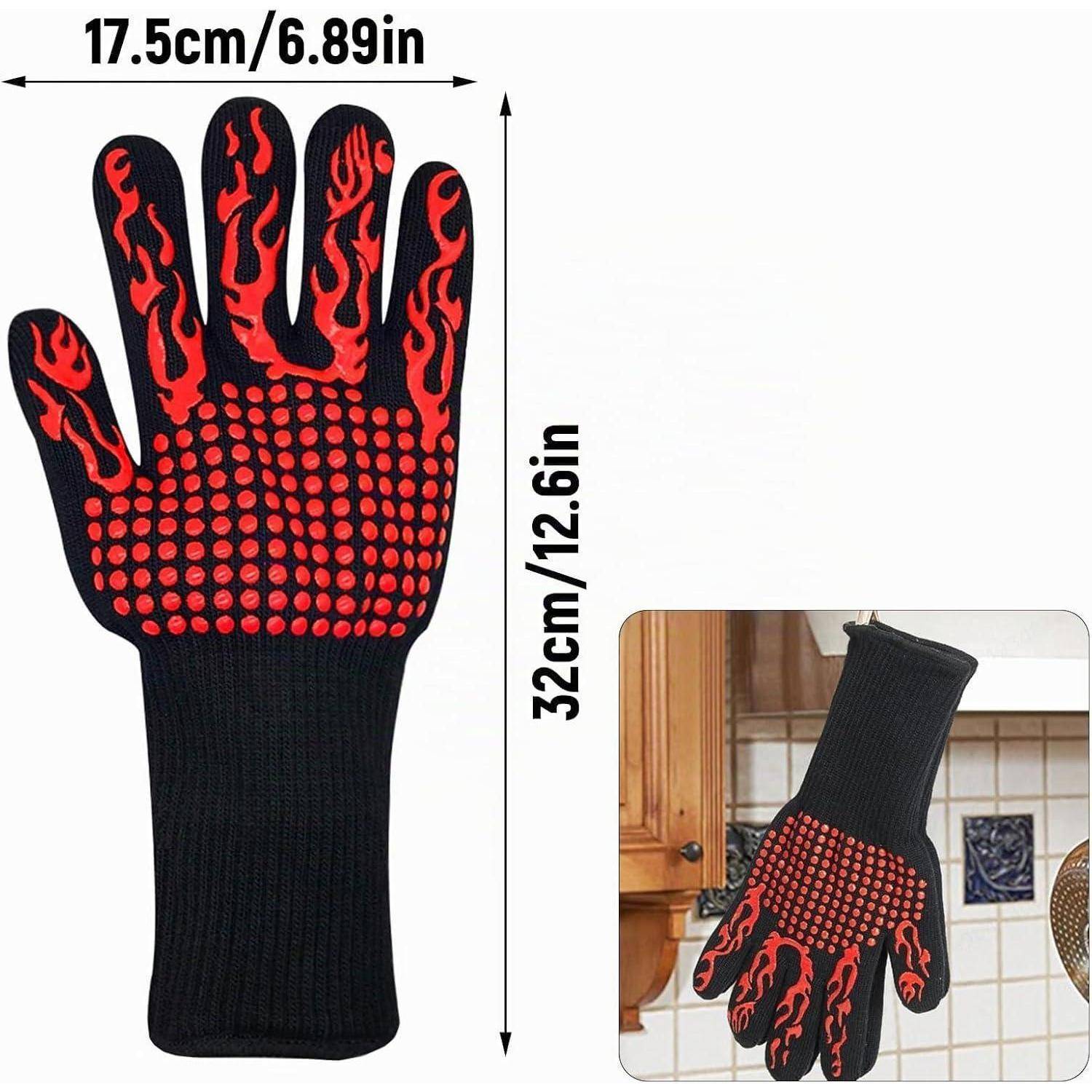 Schwarzer hitzebeständiger Handschuh mit rotem Flammen- und Punktgriffmuster, gezeigt mit Abmessungen von 32 cm Höhe und 17,5 cm Breite, plus ein kleines Foto zur Verwendung.