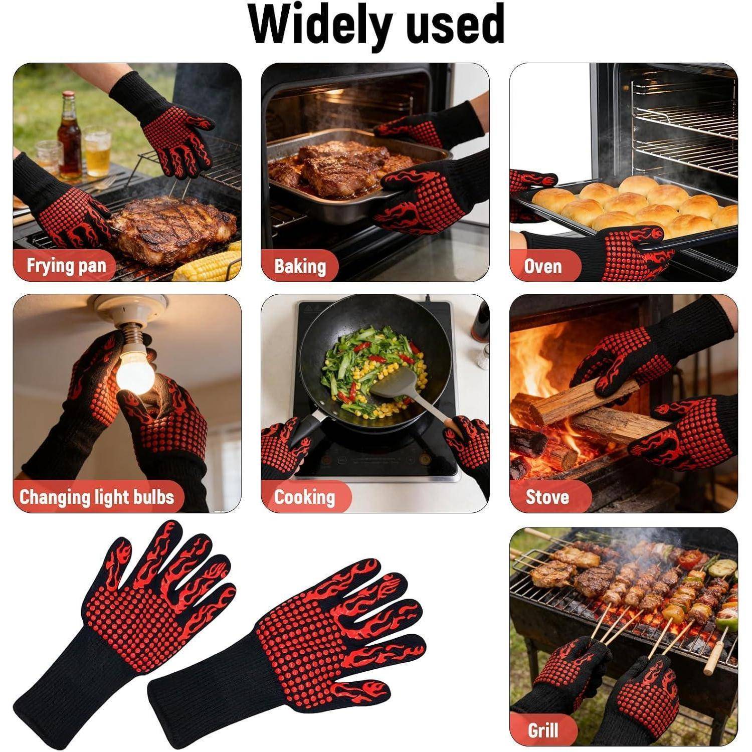 Kollage zeigt rot-schwarze hitzebeständige Handschuhe, die zum Frittieren, Backen, Umgang mit dem Ofen, Glühbirnenwechsel, Kochen, Herdnutzung und Grillen verwendet werden.
