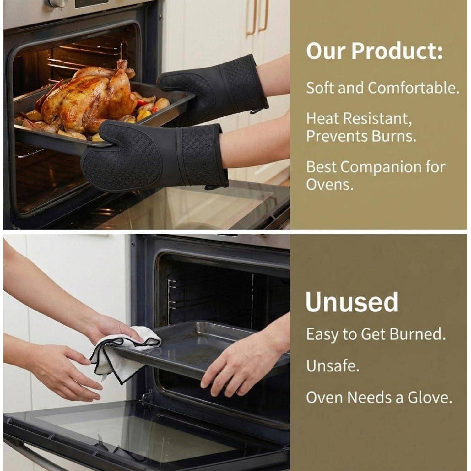 Vergleich von Ofenhandschuhen: Oben werden schwarze hitzebeständige Handschuhe gezeigt, die sicher einen heißen Braten handhaben; unten sind Hände zu sehen, die ein Handtuch verwenden, gekennzeichnet als unsicher und brandgefährlich.