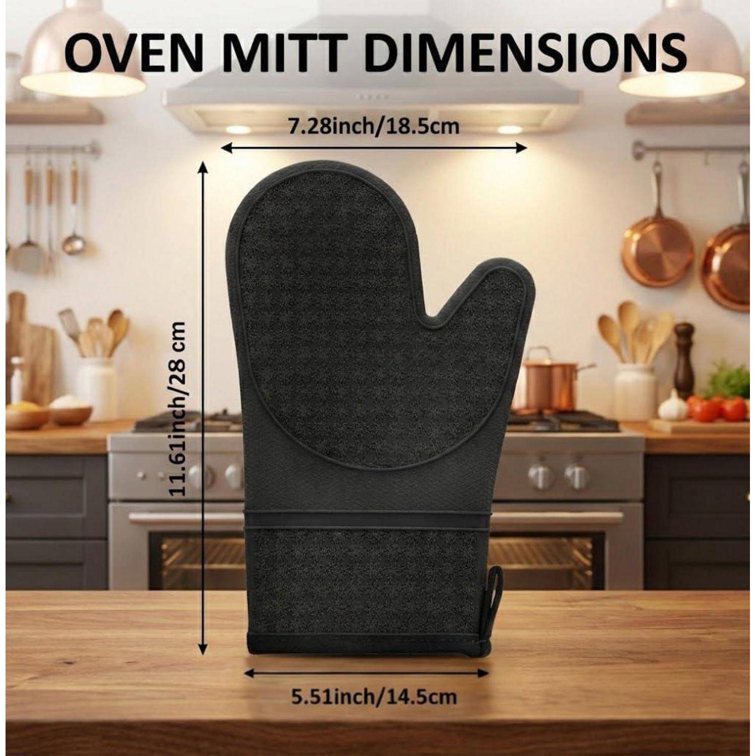 Ofenhandschuh-Abmessungen dargestellt: 11,61 in x 7,28 in x 5,51 in, mit Mess- und Zentimeterangaben.