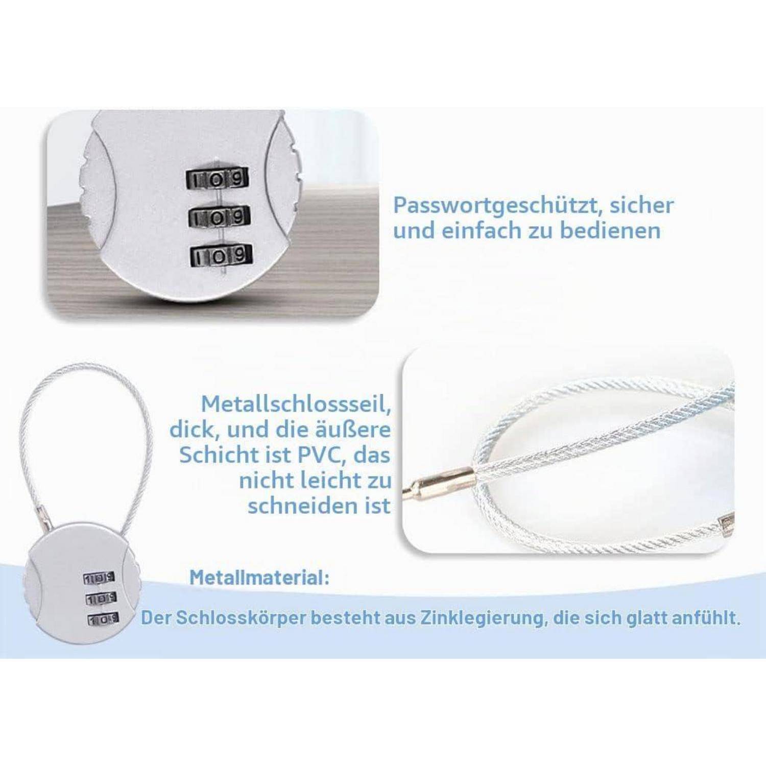 Grafik eines Kombinationsvorhängeschlosses mit Stahlkabel, das Passwortschutz, schnittfeste PVC-Beschichtung und Zinklegierungssperrgehäuse hervorhebt.