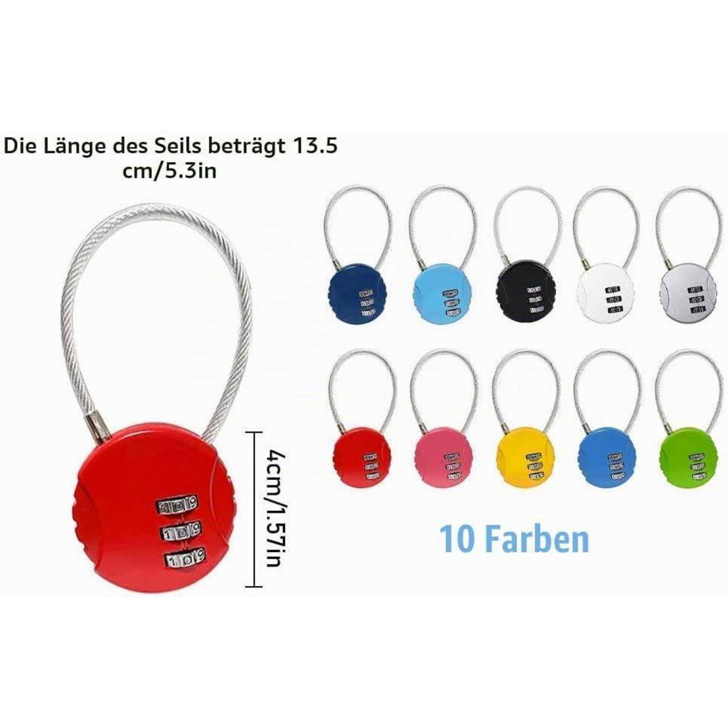 Kombinationsfahrradschloss mit 13,5 cm Kabel, in Rot abgebildet; in 10 Farben erhältlich mit 4 cm Schlossbügel.