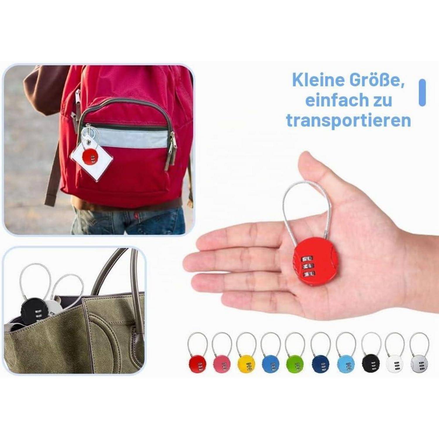 Werbebild eines kleinen roten Kabelschlosskeychain auf einer Hand, mit Text „Kleine Größe, einfach zu transportieren" und Beispiele an Taschen angebracht