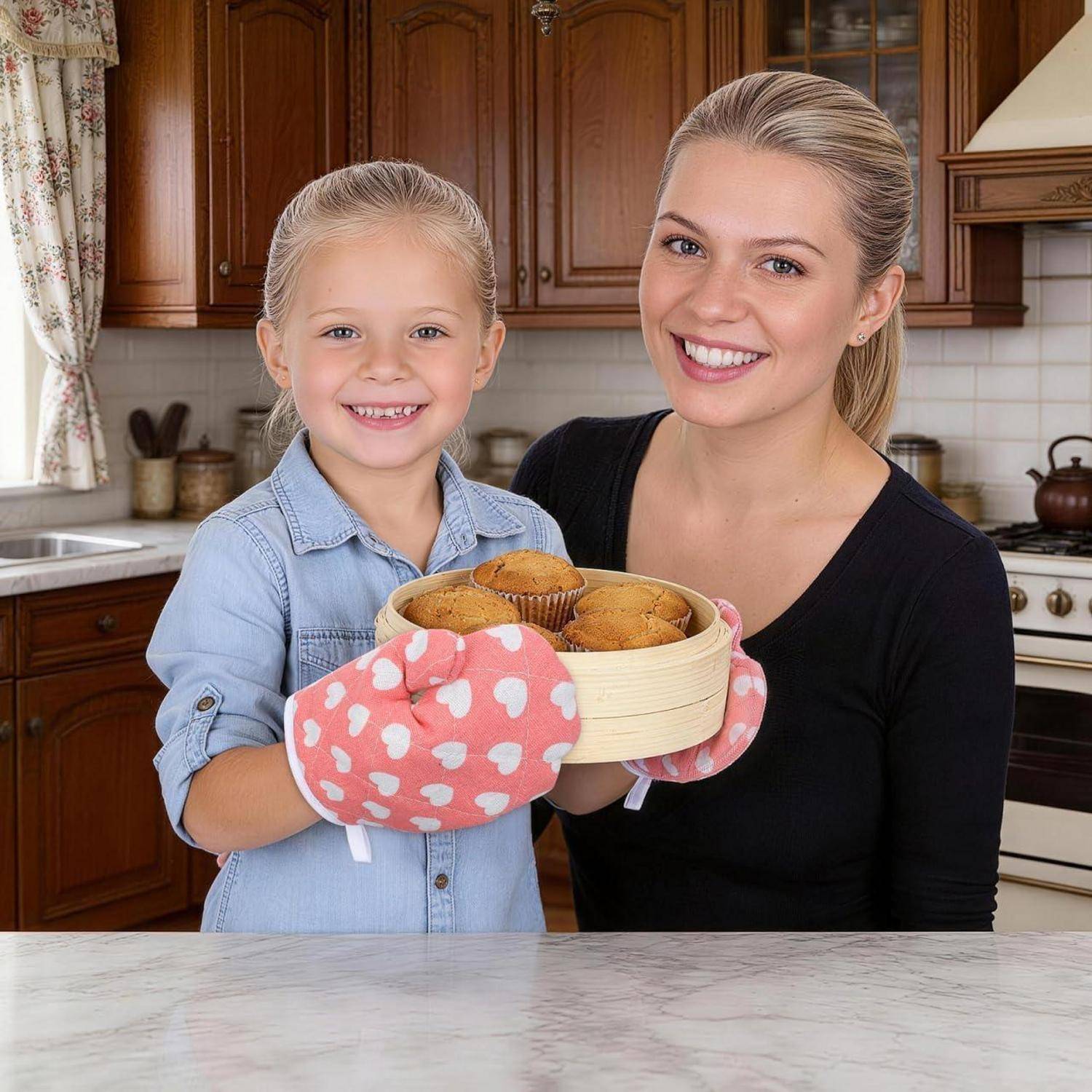 Lächelnde Frau und junges Mädchen in einer Küche, beide tragen Ofenhandschuhe und halten einen Korb mit frisch gebackenen Muffins.