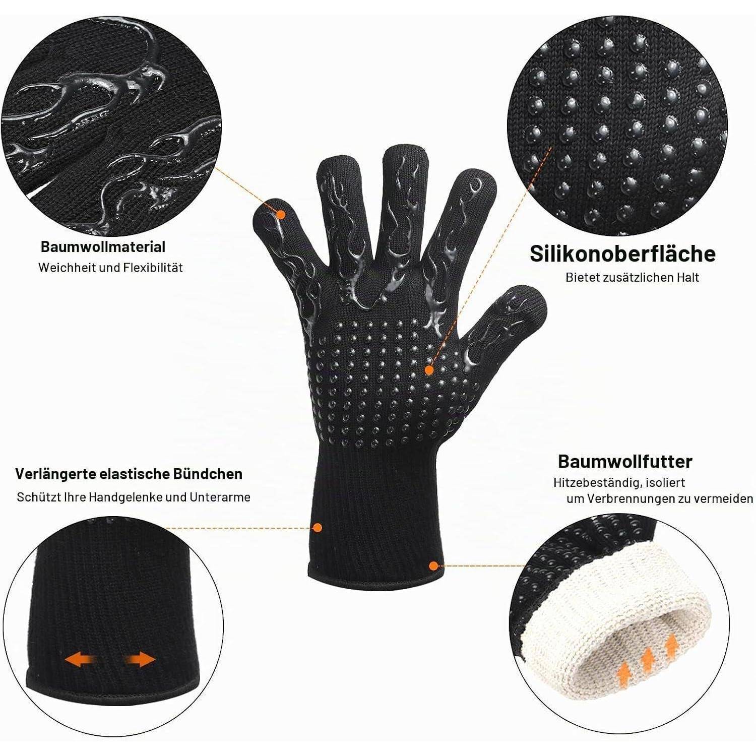 Annotierte schwarze hitzebeständige Handschuhe mit Baumwollmaterial, Silikongriffoberfläche und elastischen Manschetten für flexiblen Schutz.