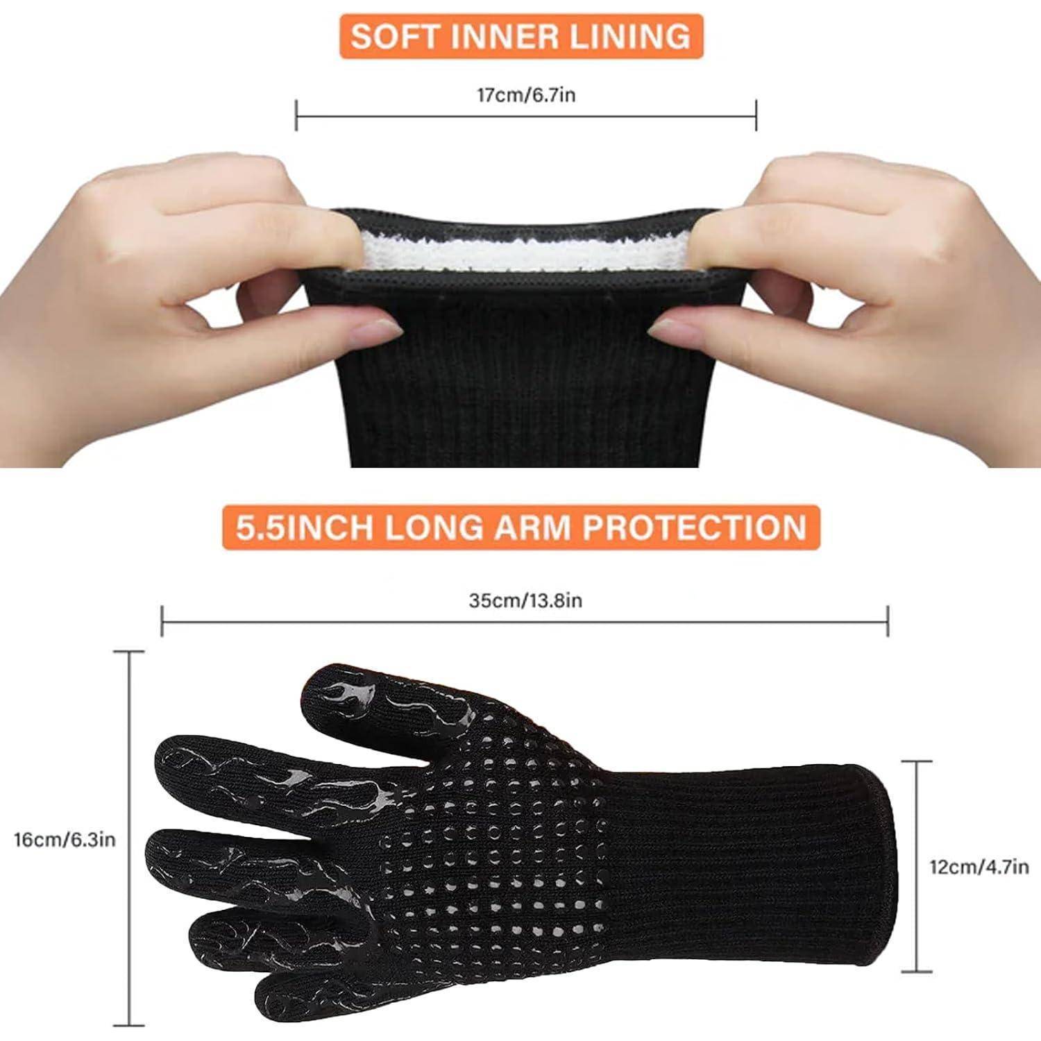 Illustrierter schnittfester Handschuh mit weicher Innenfütterung und 5,5 Zoll Handgelenk-/Armschutz, mit Größenmessungen und Handbedeckung.