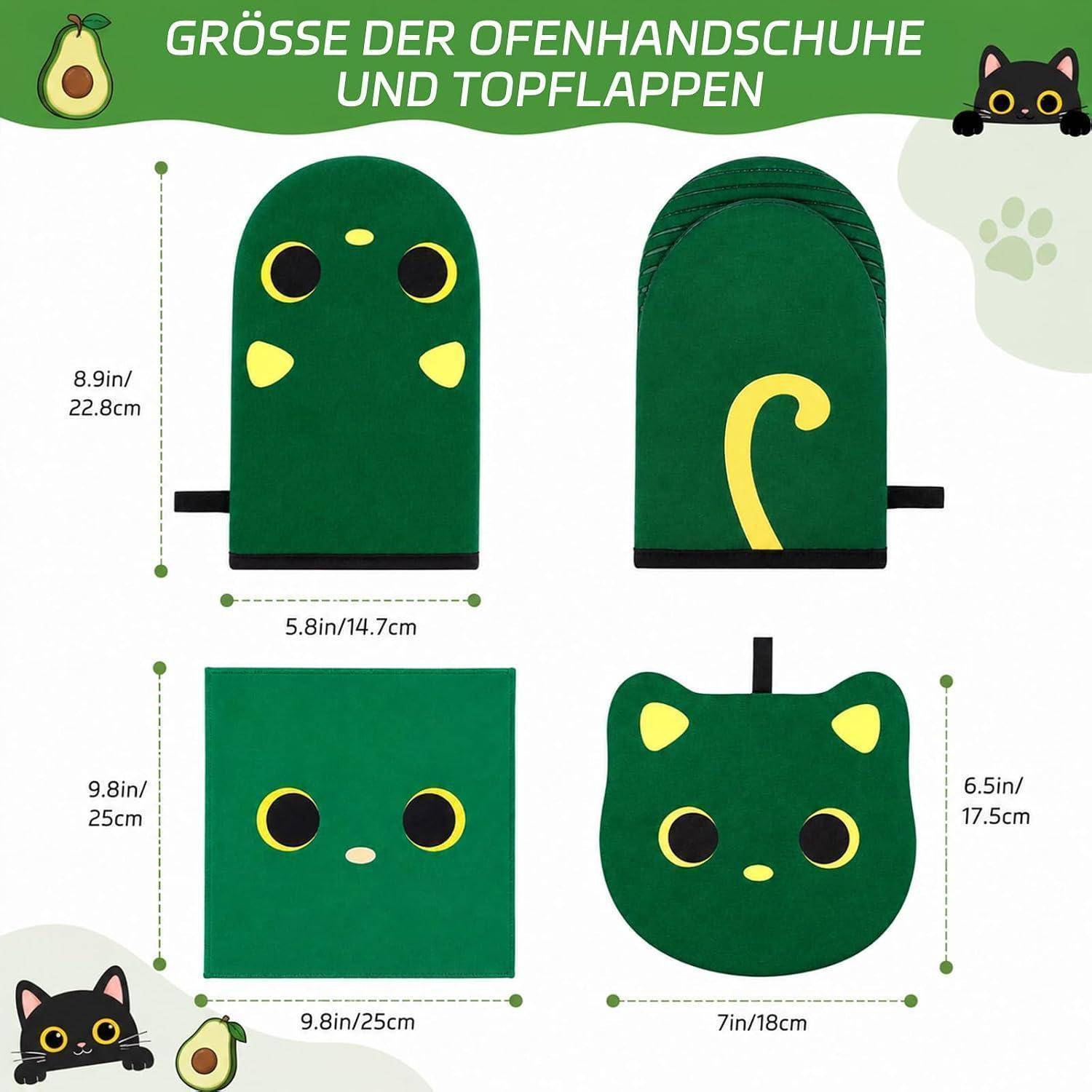 Größentabelle für grüne katzenthematische Ofenhandschuhe und Topflappen, die vier Artikel mit Abmessungen zeigt: Handschuhe 8,9 Zoll mal 5,8 Zoll und 9,8 Zoll mal 7 Zoll, Topflappen 9,8 Zoll quadratisch, Katzenkopf-Halter 6,5 Zoll mal 7 Zoll.