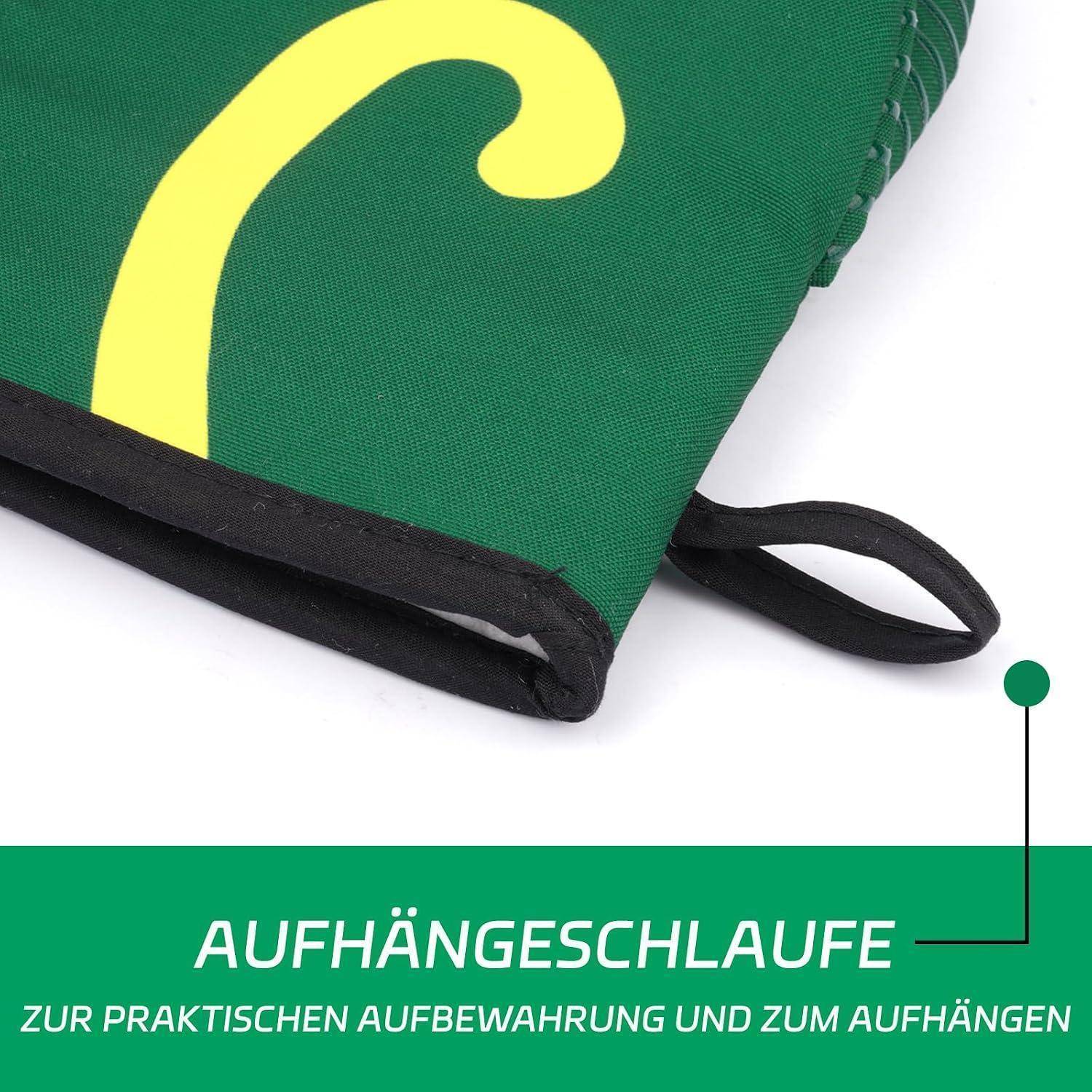 Grüne Aufhängeschlaufe mit schwarzem Riemen, mit den Aufschriften „AUFHÄNGESCHLAUFE