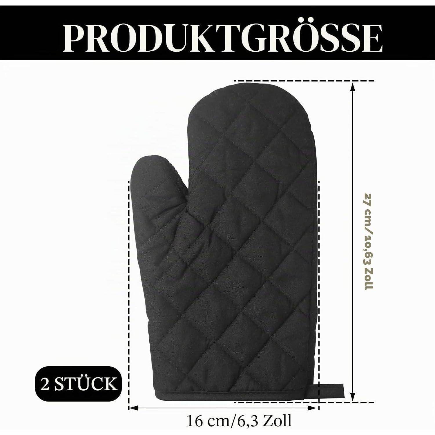 Produktgrößendiagramm für einen schwarzen Ofenhandschuh: 27 cm hoch, 16 cm breit, verkauft als 2 Stück.