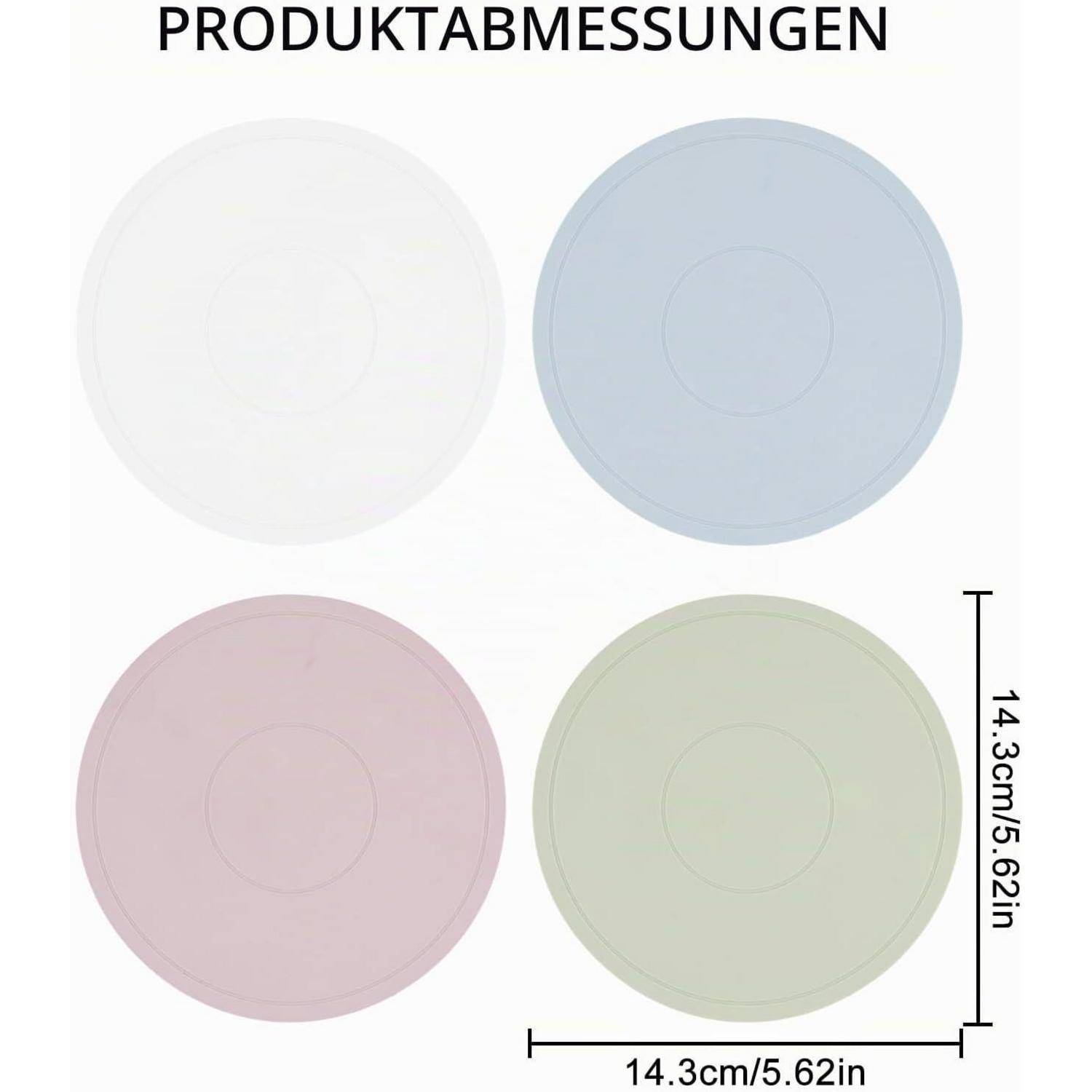 Produktmessungsdiagramm mit vier runden Gegenständen in Weiß, Blau, Rosa und Grün; jeder hat einen Durchmesser von 14,3 cm (5,62 Zoll).