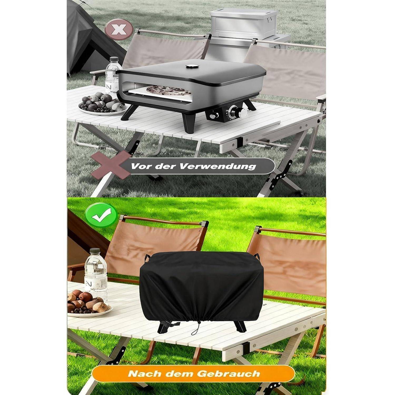 Aufteilung vor und nach beim Camping-Tisch-Grill-Bezug: oben zeigt sich der unbedeckte Grill mit 