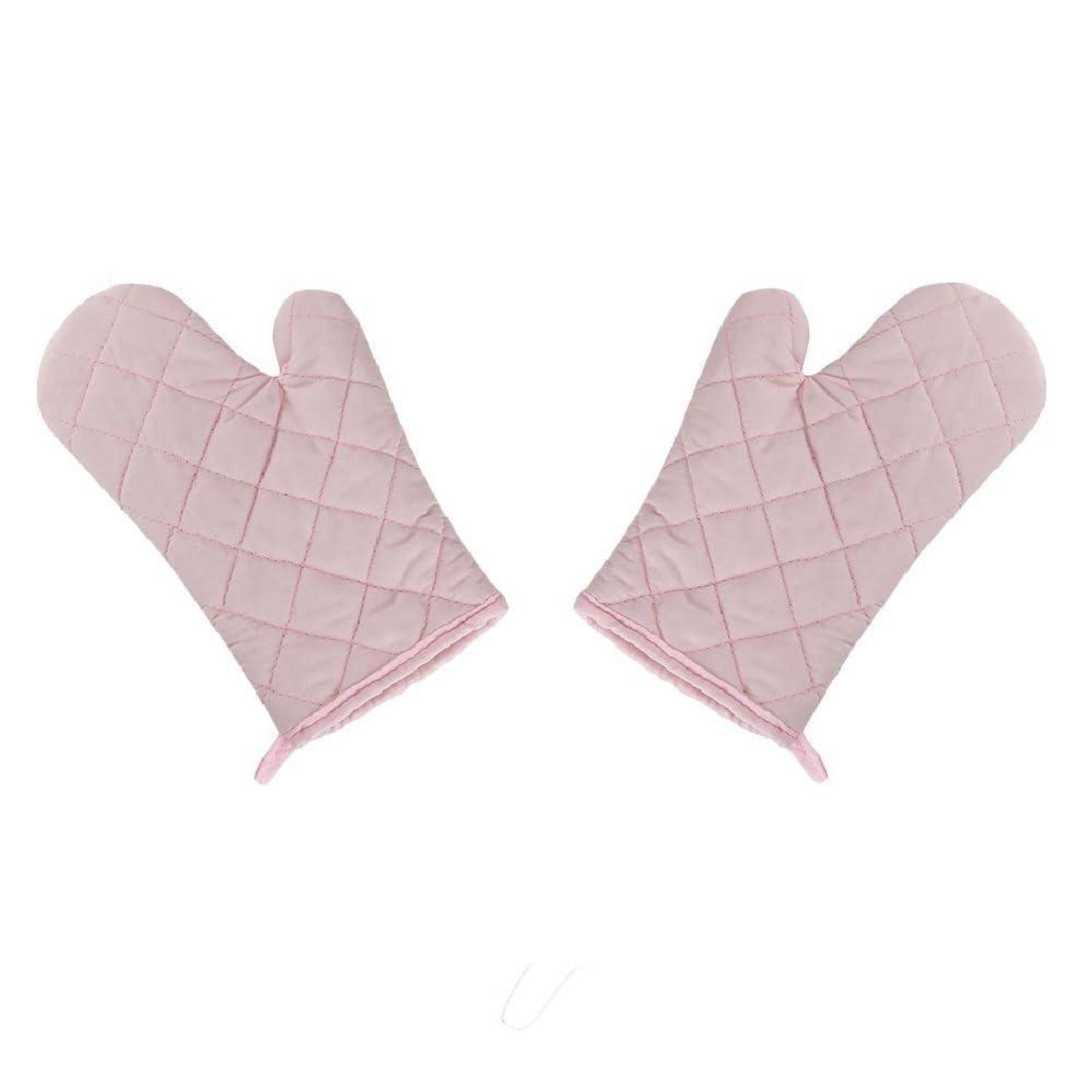Paar rosa gesteppter Ofenhandschuhe mit Aufhängeschleifen auf weißem Hintergrund.