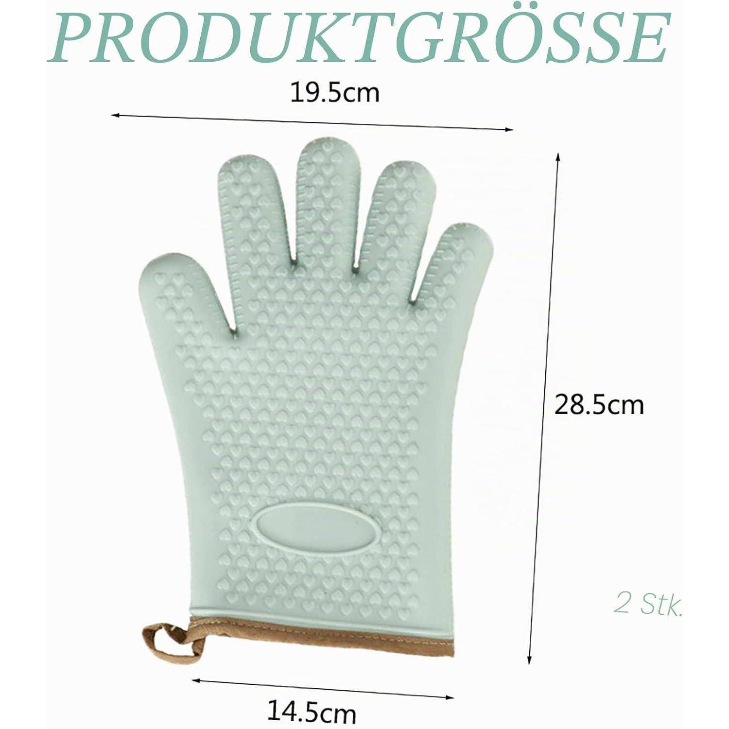Größendiagramm eines mintgrünen Ofenhandschuhs: 28,5 cm hoch, 19,5 cm breit, 14,5 cm Manschetttenbreite, gekennzeichnet mit „2 Stk.