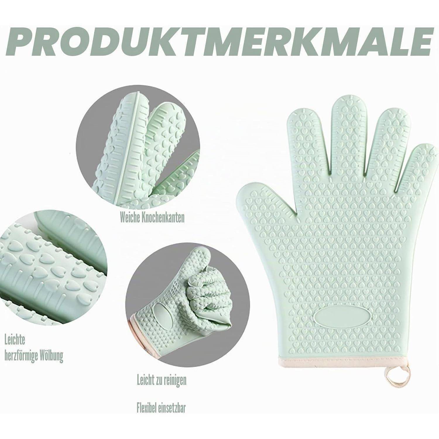 Produktmerkmale eines mintgrünen strukturierten Handschuhs mit weichen Fingerkanten, leichtem Wabensteppung, einfacher Reinigung und flexiblem Sitz.