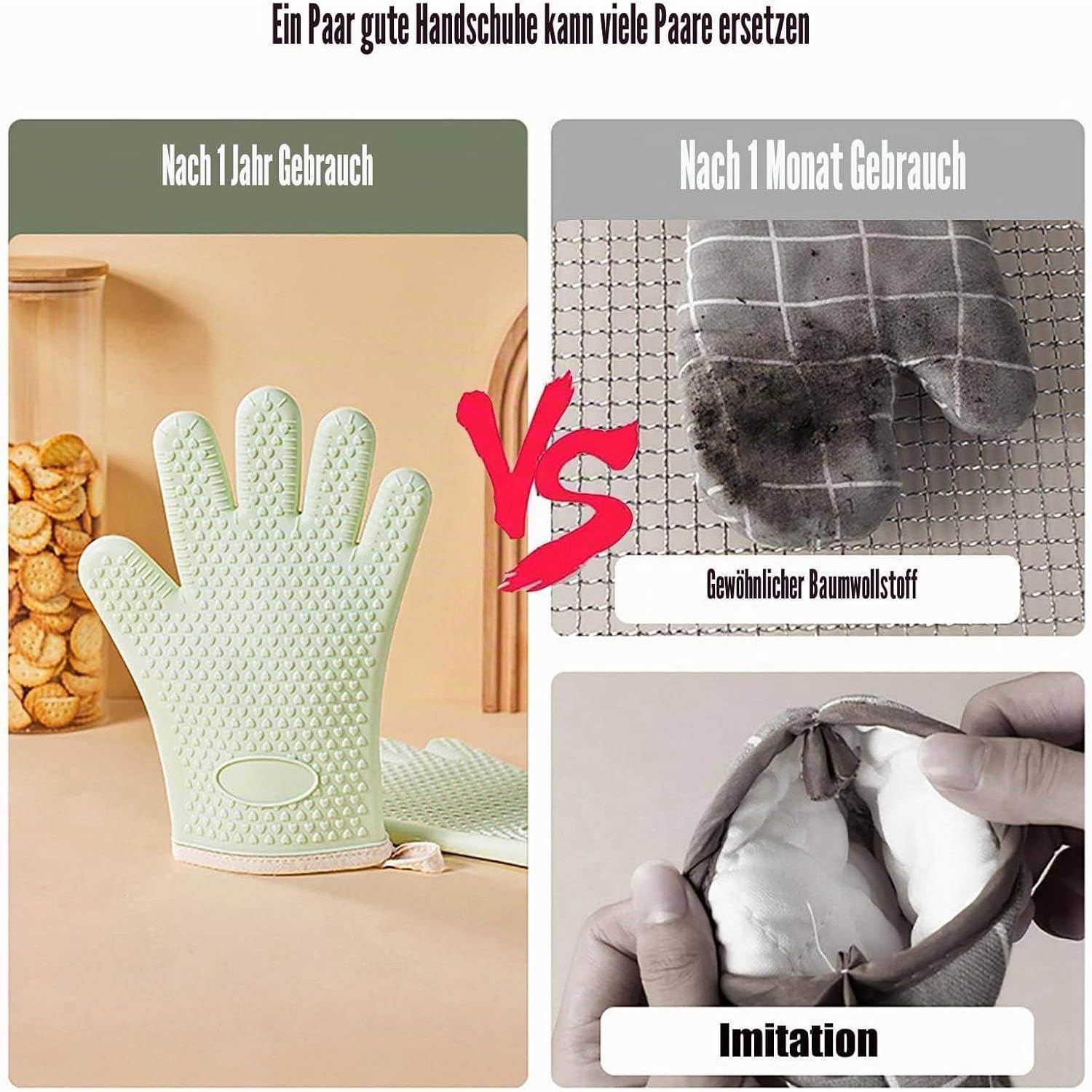 Vergleichsanzeige mit einem langlebigen Handschuh versus billige Nachahmungen: linker Handschuh nach 1 Jahr, rechter Baumwollhandschuh nach 1 Monat und ein zerrissener Imitationshandschuh.