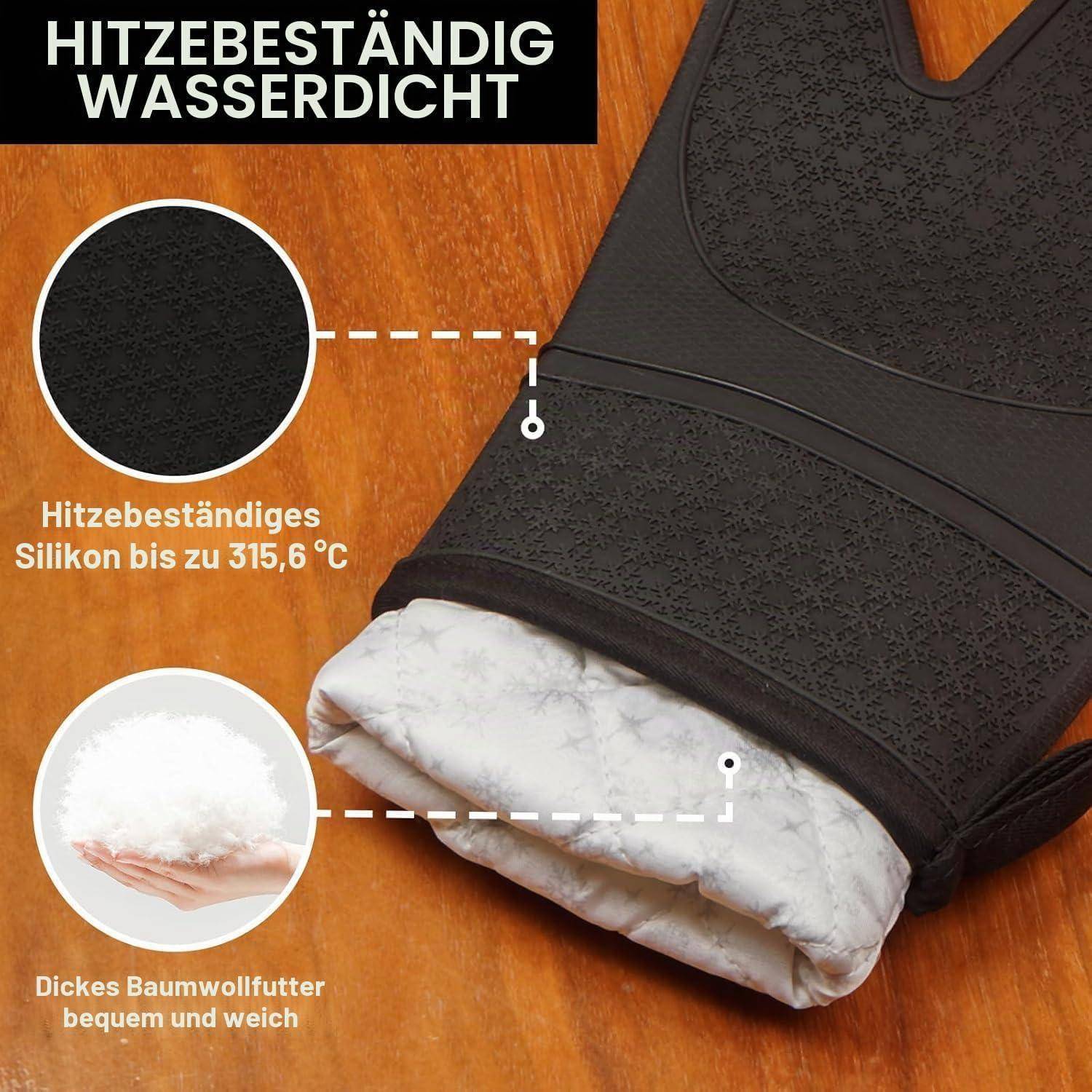 Schwarzer, hitzebeständiger, wasserfester Silikon-Ofenhandschuh auf einer Holzoberfläche dargestellt, mit Beschriftungen für Hitzebeständigkeit bis 315,6°C und dicker weicher Baumwollauskleidung.