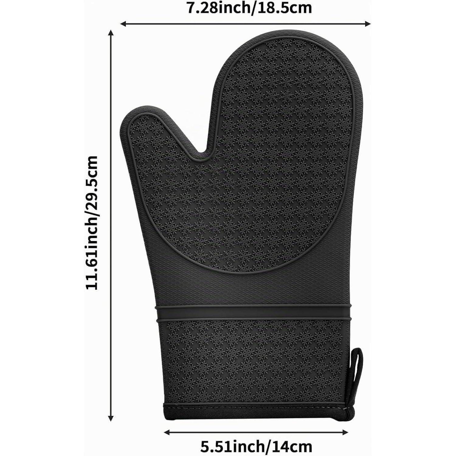 Schwarzer Ofenhandschuh mit wärmefester strukturierter Oberfläche, dargestellt mit den Abmessungen: 11,61 Zoll Höhe, 7,28 Zoll Breite, 5,51 Zoll Manschetttenbreite.