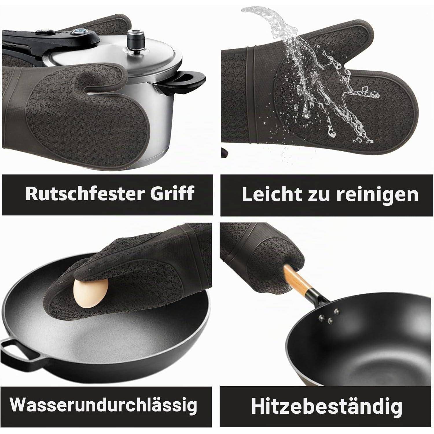 Vierpanel-Produktbild eines schwarzen Ofenhandschuhs, der einen Topf und eine Pfanne hält, mit Hervorhebung von „Rutschfester Griff