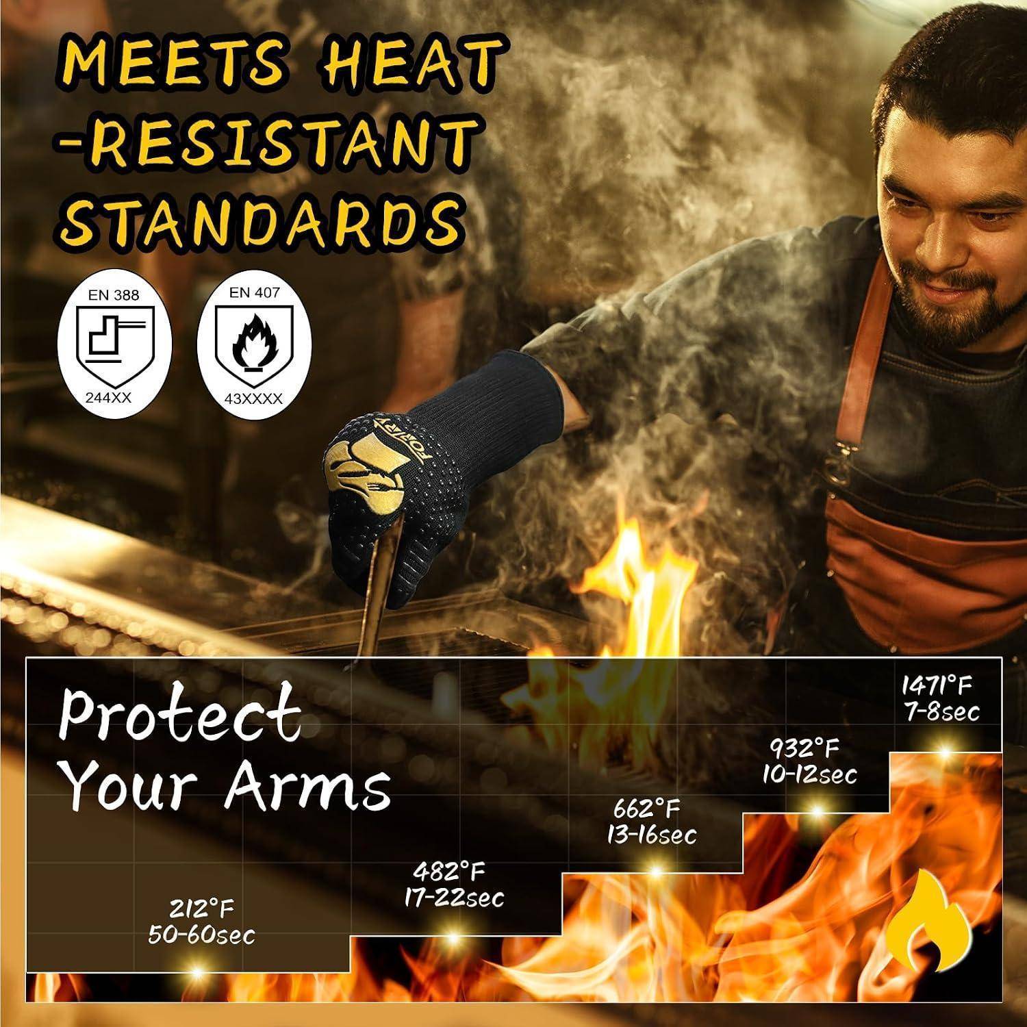 Werbegrafik eines Arbeiters, der einen hitzebeständigen Handschuh neben Flammen trägt, mit Text „Erfüllt hitzebeständige Normen