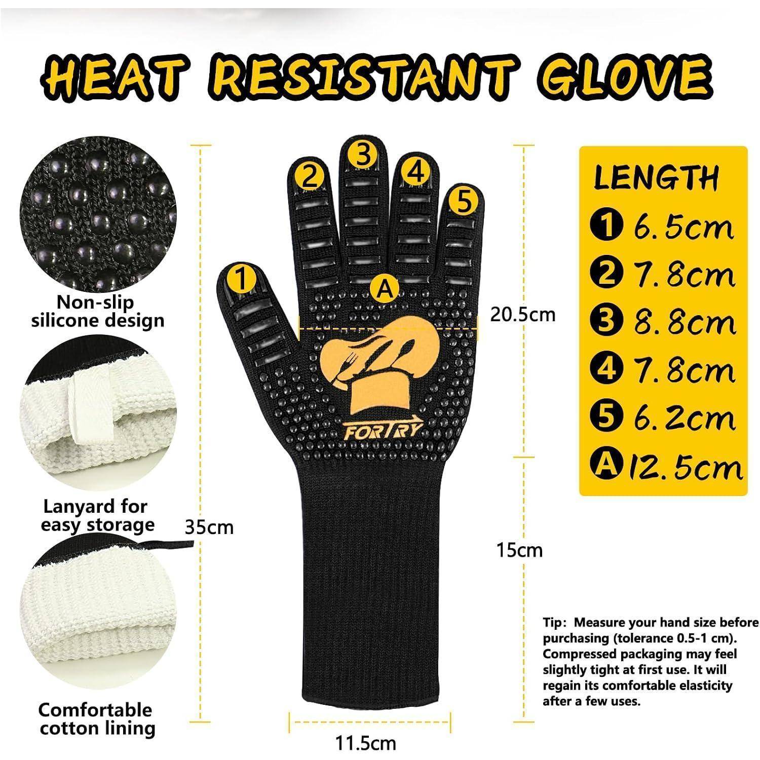 Wärmeschutzhandschuh-Produktdiagramm mit einem schwarzen Silikongriff-Handschuh mit Finger- und Handflächenmessungen, Umhängeband-Aufbewahrung, Baumwollfutter und Längentabelle.