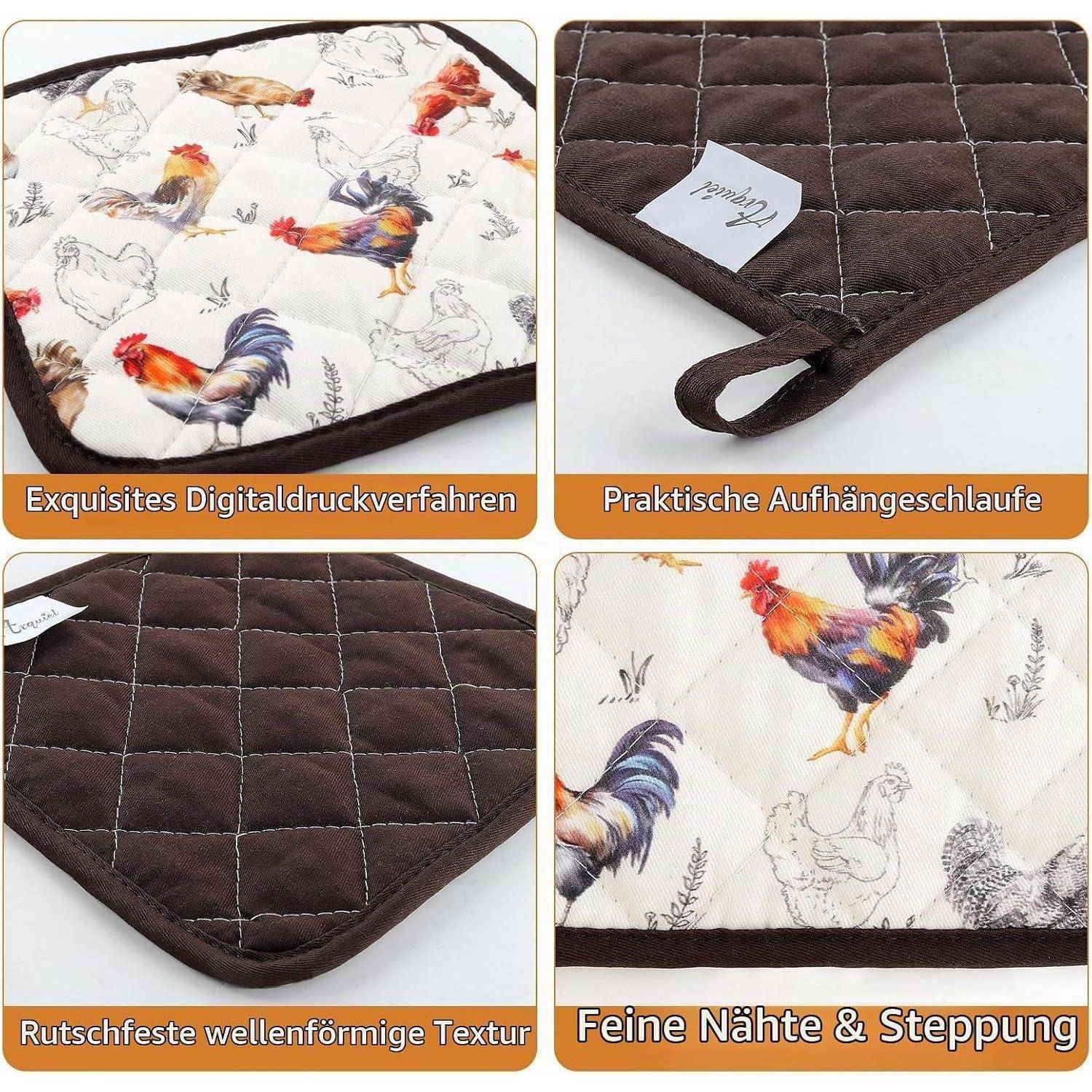Vierpanel-Produktbild einer gesteppten Küchenmatte mit Hahnen-Muster, zeigt bedruckte Oberseite, rutschfeste Wellentextur, Aufhängeschlaufe und genähte Kantenverstärkung im Detail.
