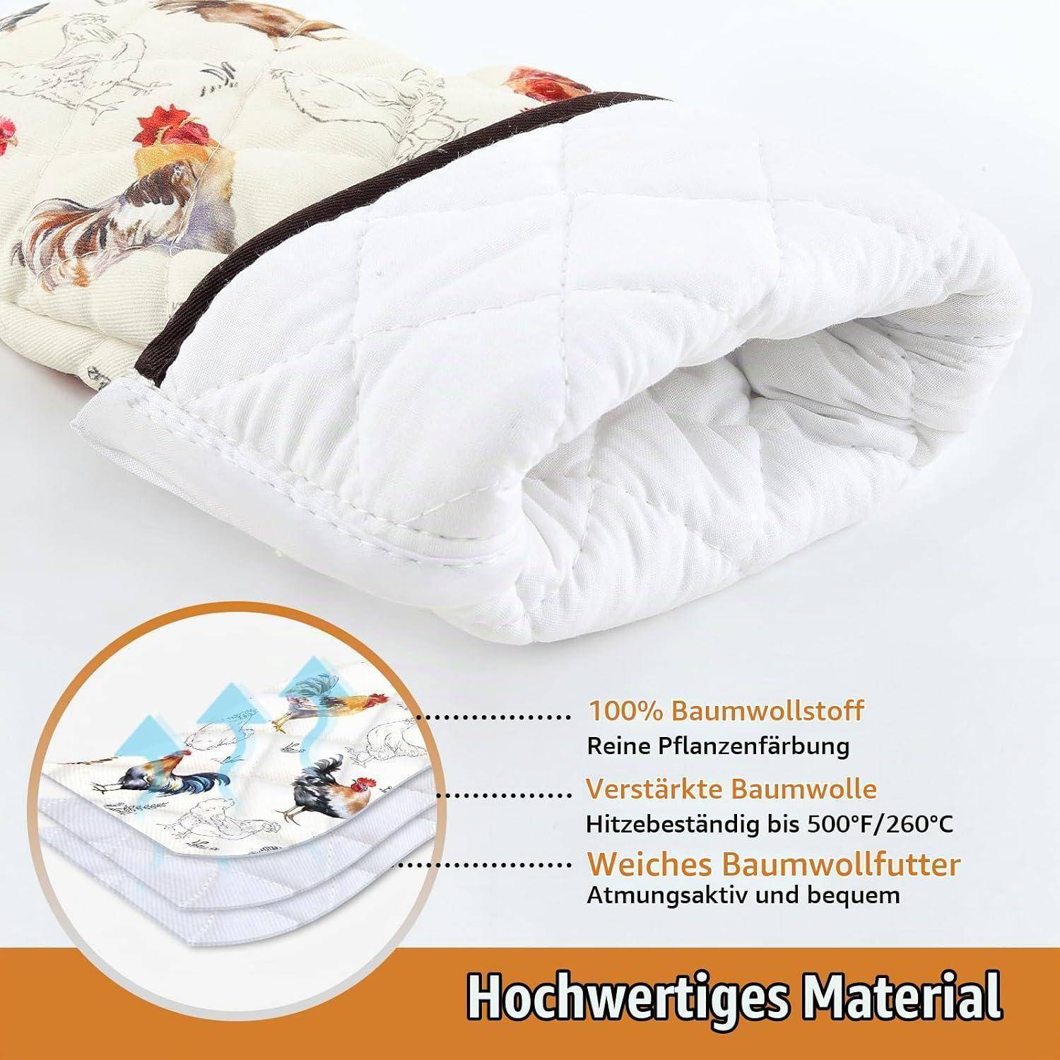 Produktbild einer gefalteten weißen Steppdecke oder Bettwäsche, die gefüllte Baumwollschichten zeigt, mit deutschem Text, der „100% Baumwollstoff