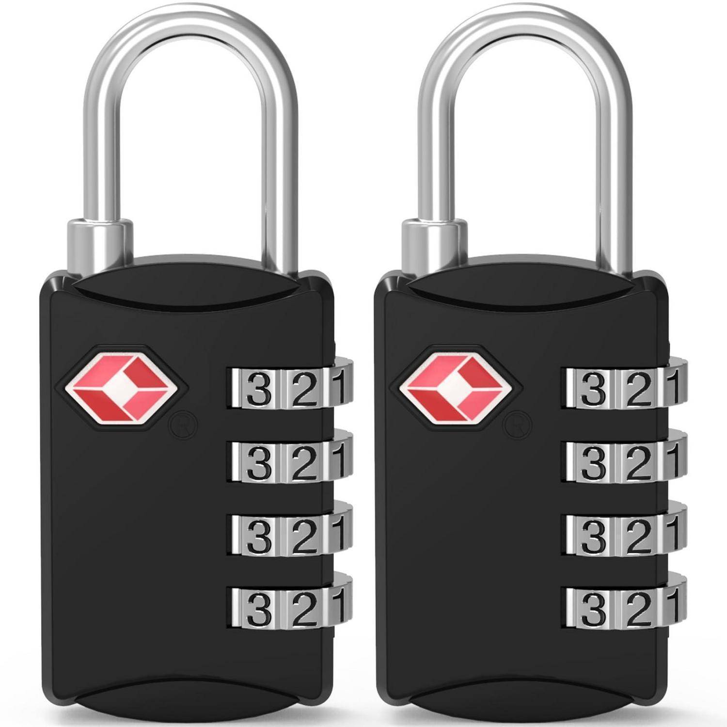 Zwei schwarze Kombinationskoffer-Vorhängeschlösser mit silbernem Bügel, jeweils mit dem Code 321 auf vier Wählscheiben.