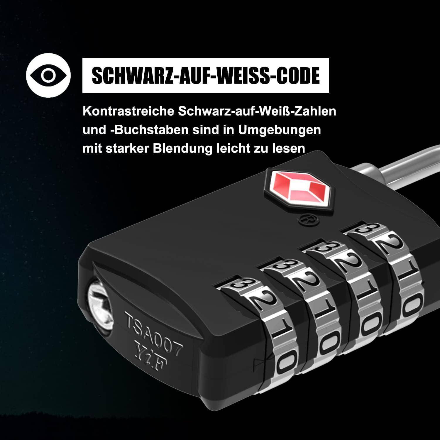 Schwarz-Weiß-Kombinationsschloss mit rotem Etikett; deutscher Text besagt, dass hochkontrastreiche schwarz-weiße Zahlen und Buchstaben bei hellem Licht leicht zu lesen sind.