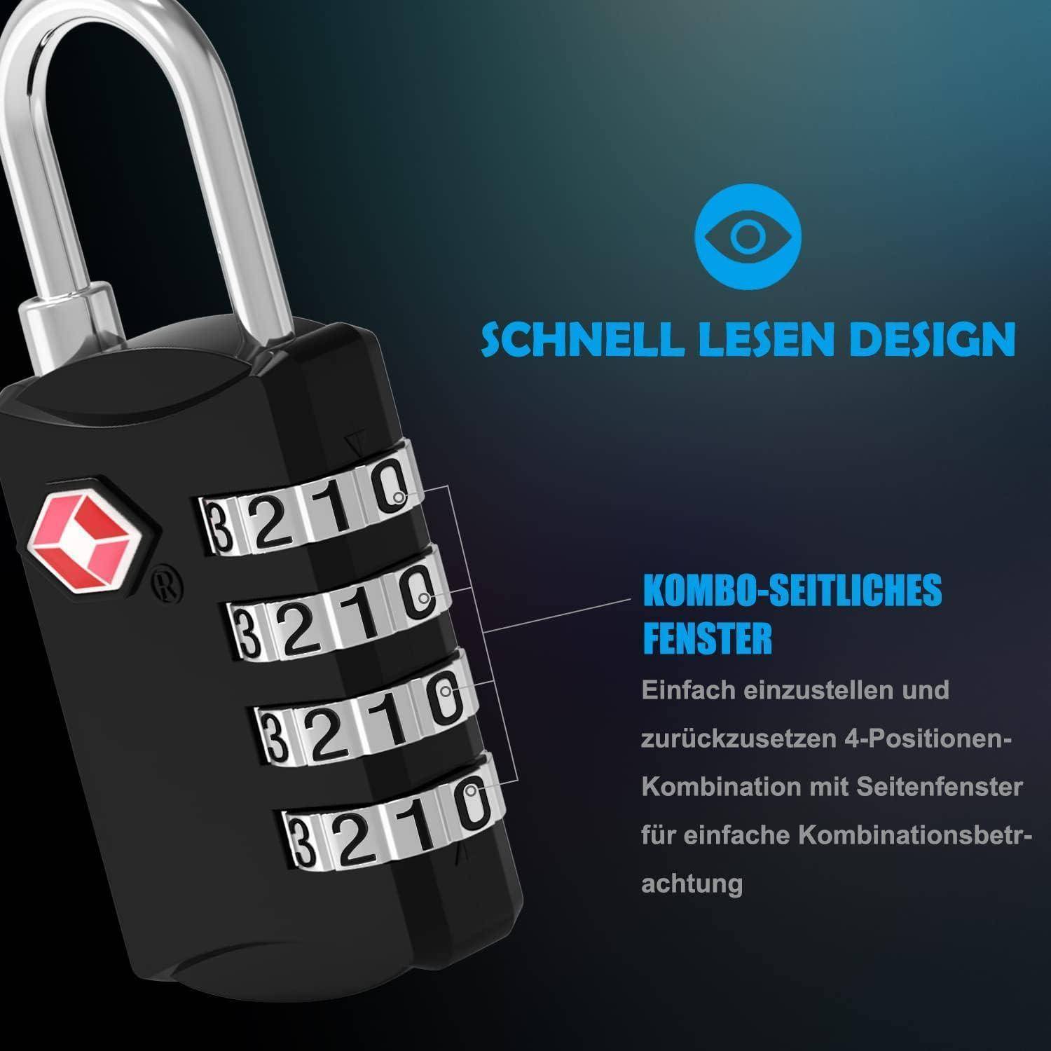 Schwarzes 4-stelliges Kombinationsvorhängeschloss mit seitlichem Sichtfenster, beschriftet mit „SCHNELL LESEN DESIGN" und „KOMBO-SEITLICHES FENSTER"", das einfaches Zurücksetzen des 4-stelligen Codes zeigt.