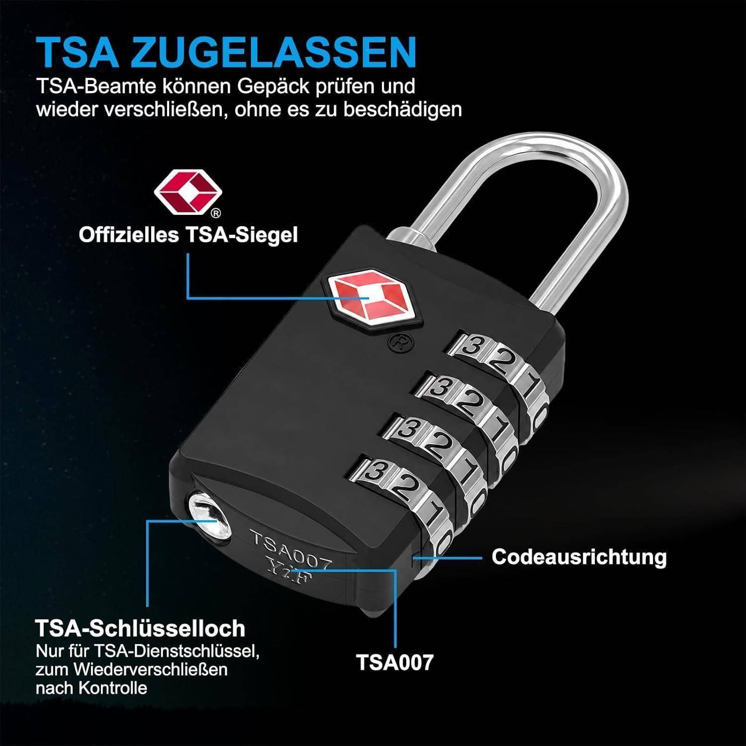 Schwarzes TSA-zugelassenes Kombinationsvorhängeschloss mit "TSA""-Siegel, 4-stelligen Wählscheiben und Schlüsselloch, beschriftet auf Deutsch für den Flughafensicherheitszugang.