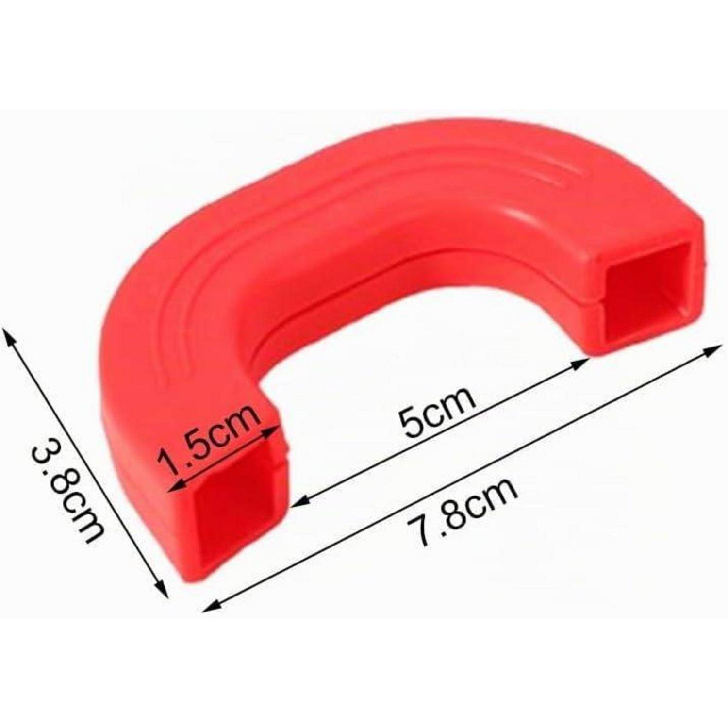 Rote U-förmige Kunststoffschutzabdeckung mit offenen Enden, dargestellt mit Abmessungen von 7,8 cm, 5 cm, 3,8 cm und 1,5 cm.