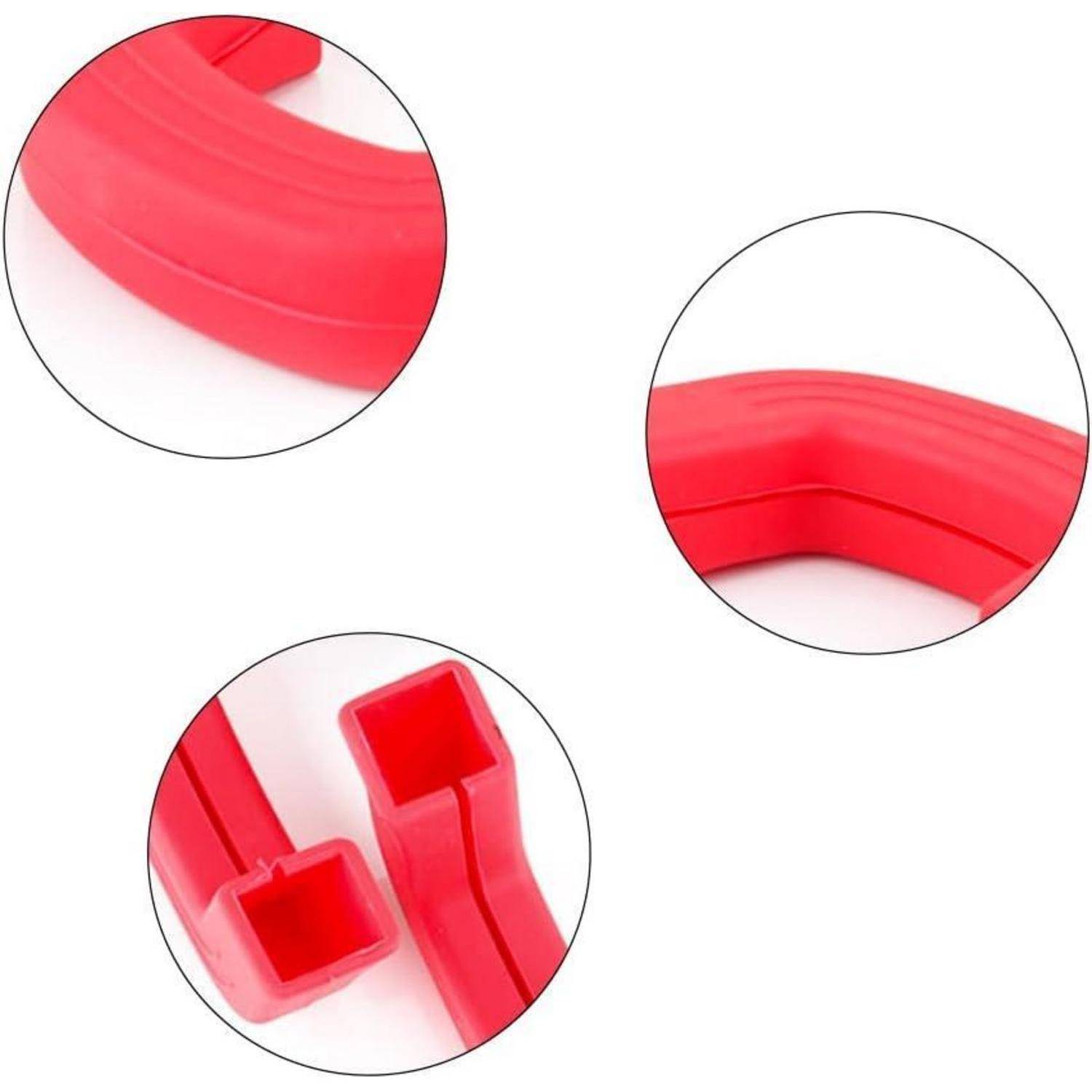 Nahaufnahme eines Produktbildes mit roten flexiblen Silikonschläuchen oder Schutzmanschetten, mit vergrößerten Kreisen, die ihre gekrümmte Form und hohlen quadratischen Enden hervorheben.