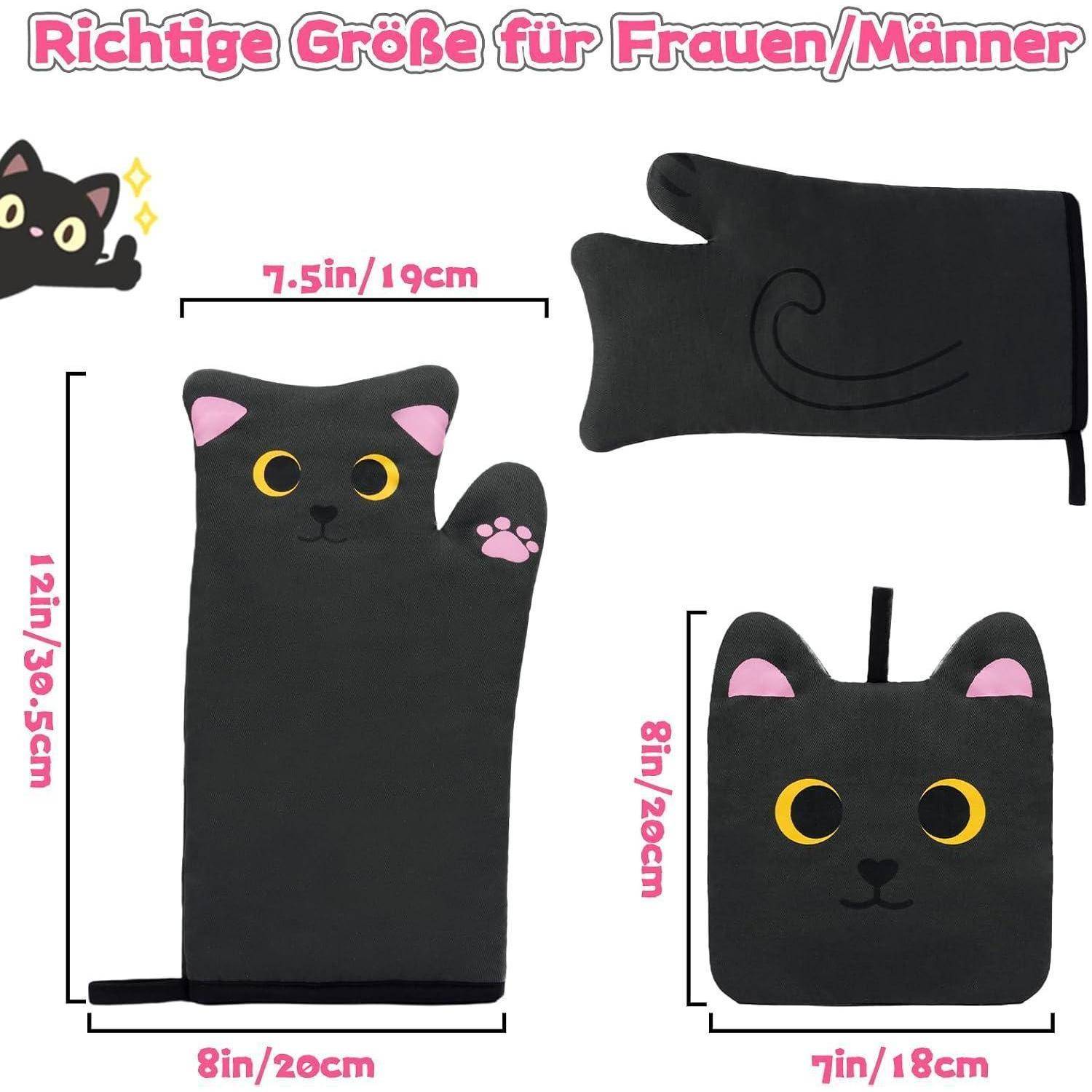 Illustration von schwarzen katzenförmigen Ofenhandschuhen mit Größenetiketten: 12in x 30,5cm, 8in x 20cm, 7,5in x 19cm und 7in x 18cm.