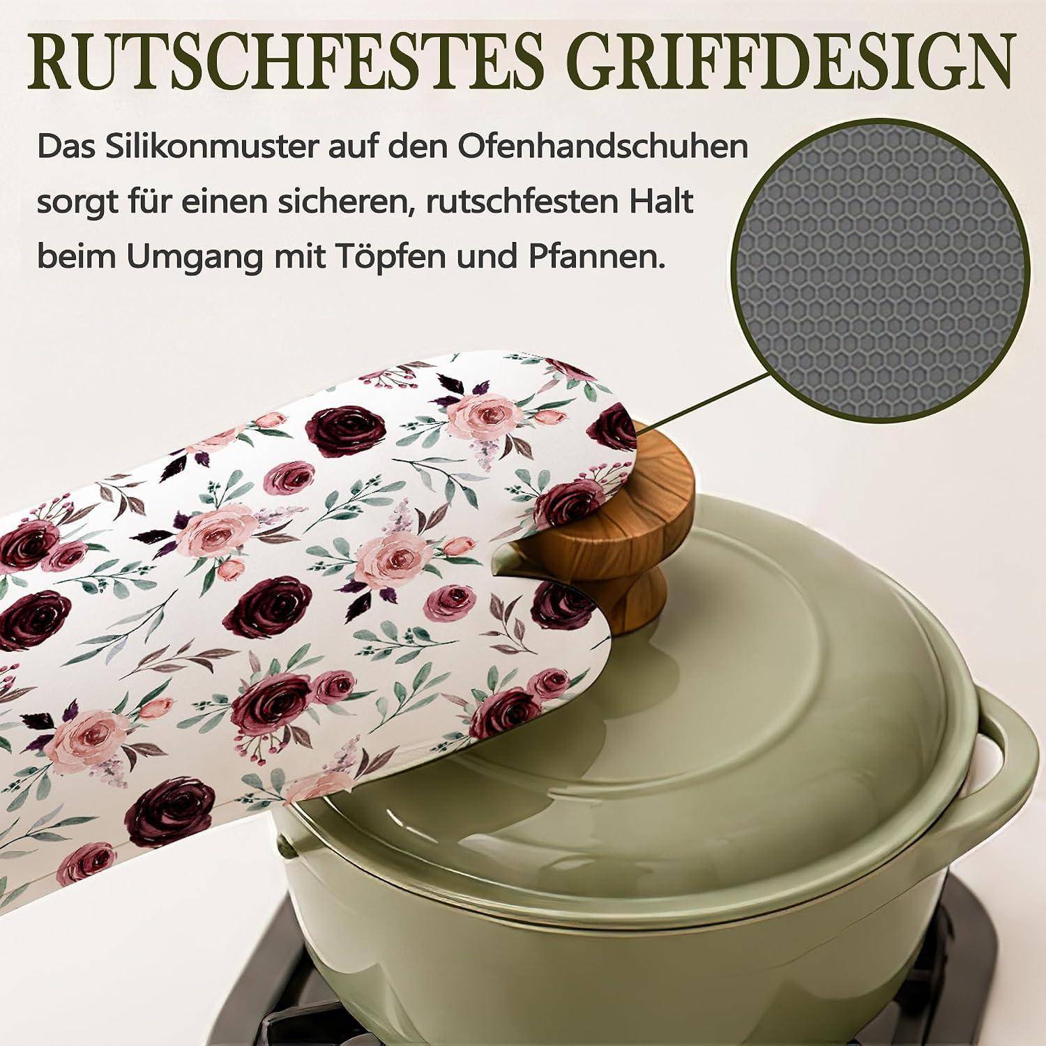Blumiger Ofenhandschuh, der einen Topfdeckel greift, mit Ausschnitt, der die Silikonstruktur zeigt; deutscher Text sagt „rutschfeste Griffkonstruktion
