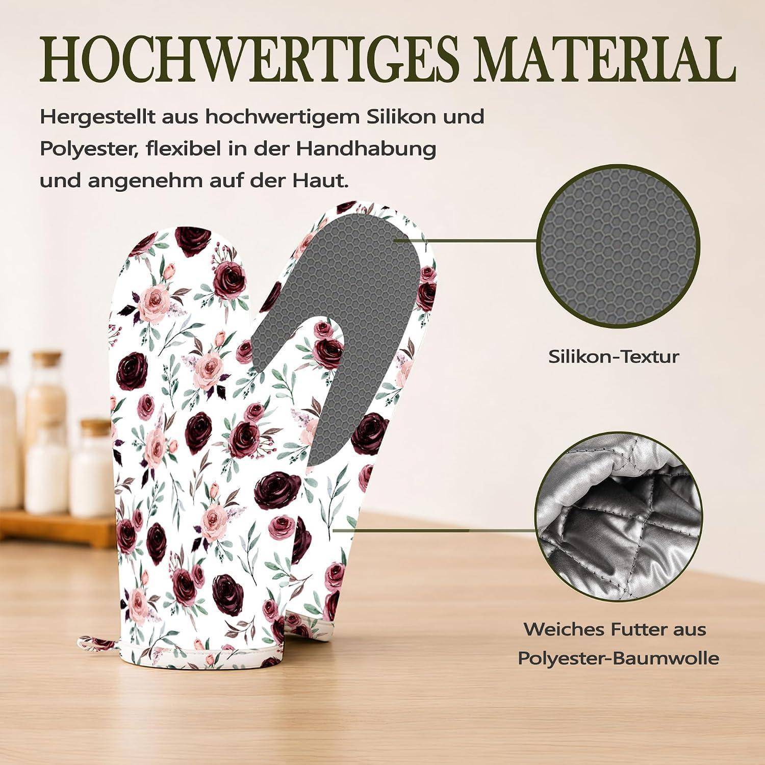 Blumenmuster-Ofenhandschuh aus Silikon und Polyester, gezeigt mit Nahaufnahmen der Silikonstruktur und der weichen Polyester-Baumwoll-Fütterung; deutscher Text besagt, dass er hochwertig und leicht zu handhaben ist.