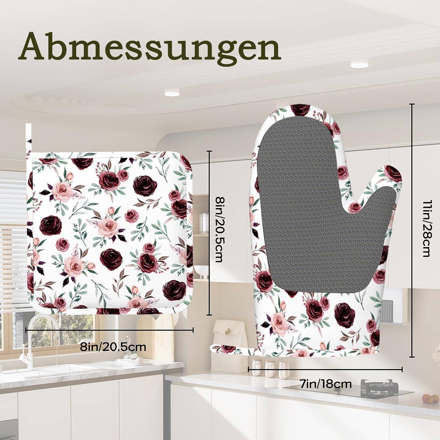 Küchenstuhl-Sitzkissen mit Blumenmuster mit beschrifteten Abmessungen: 8 x 8 Zoll Sitzfläche, 11 x 28 Zoll Rückenlehne, 7 x 18 Zoll Armlehne.