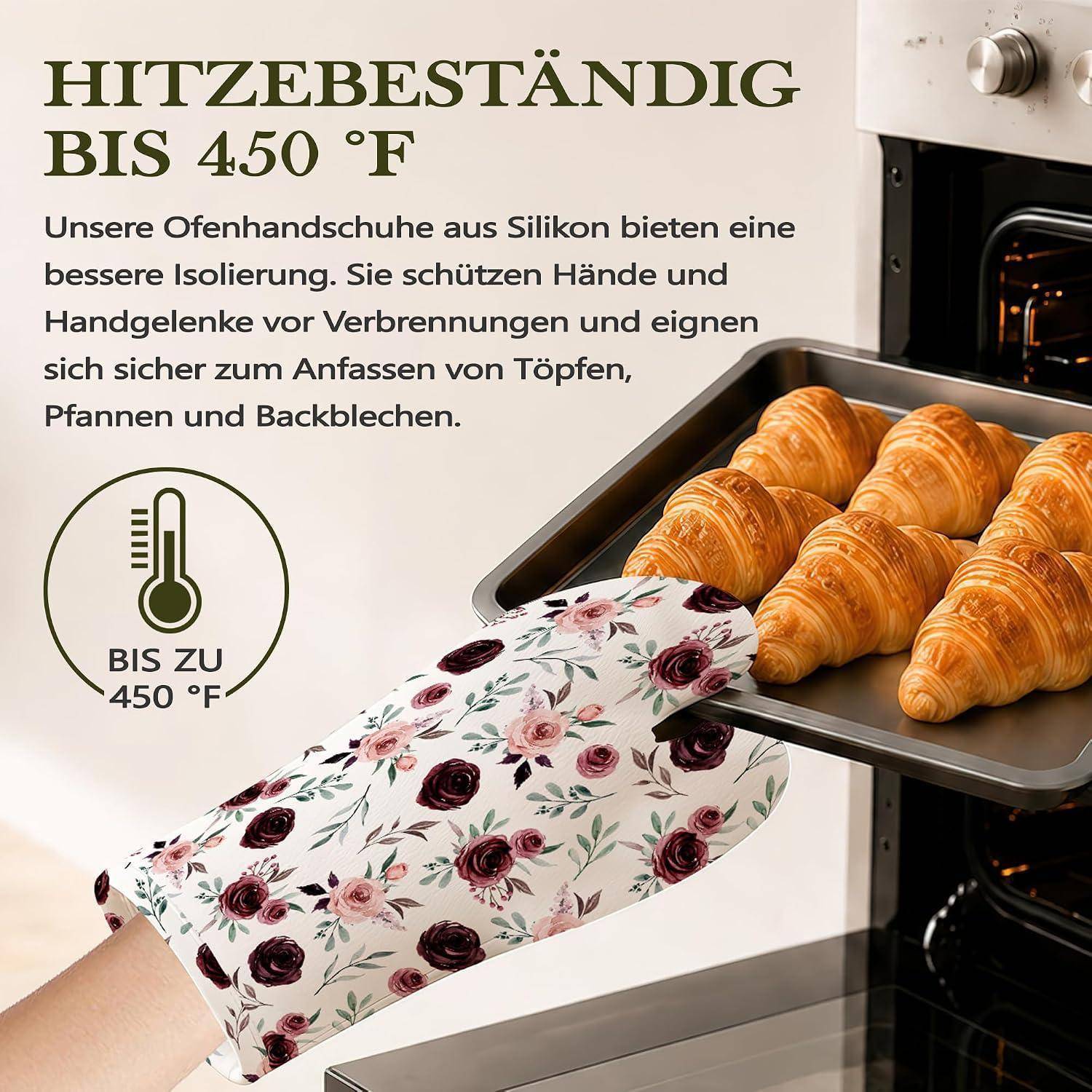 Werbeanzeige mit einem floralen Silikon-Ofenhandschuh, der ein Backblech mit Croissants hält, mit deutschem Text, der Hitzebeständigkeit bis 450°F und Schutz vor Verbrennungen angibt.