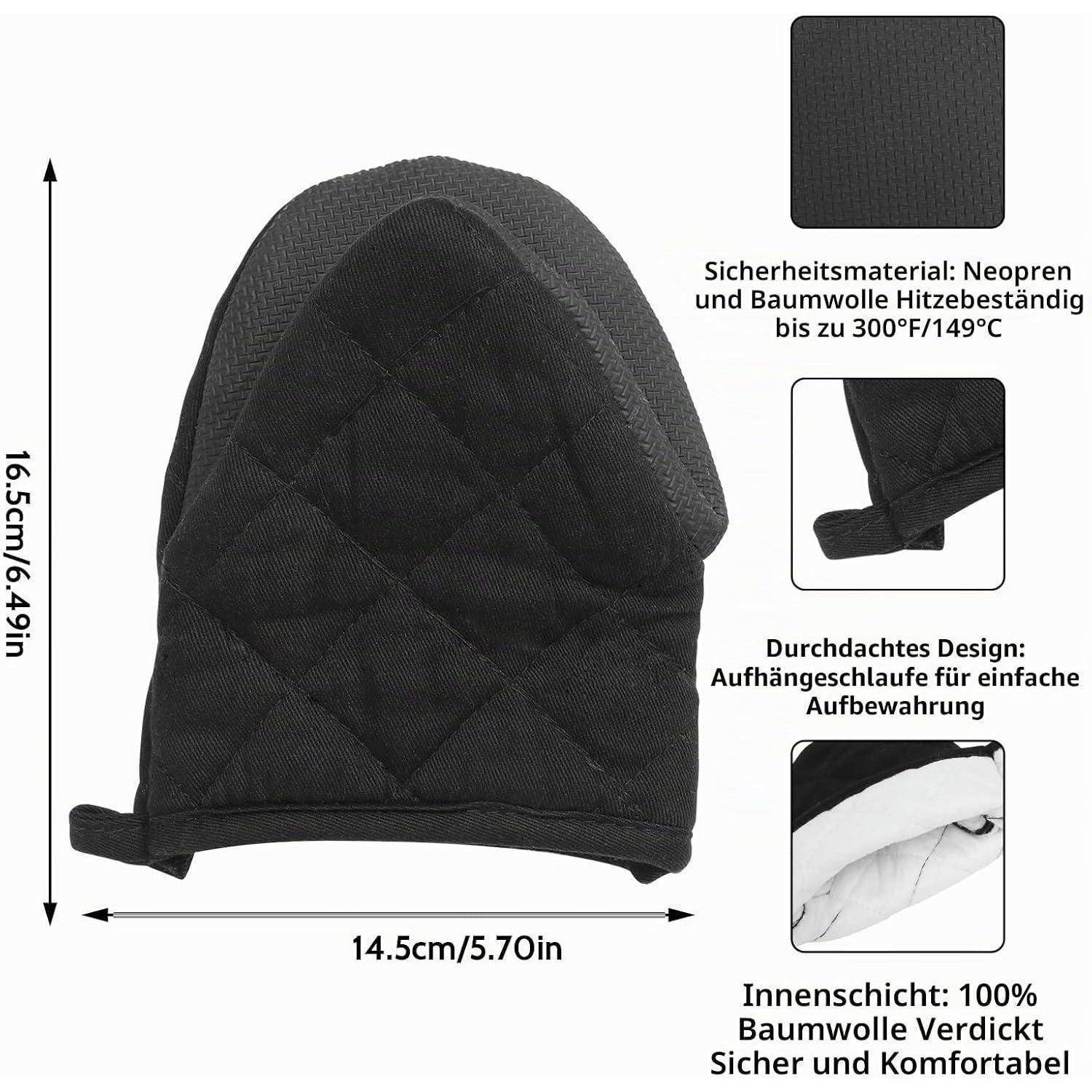Schwarzer gesteppter Ofenhandschuh mit Aufhängeschleife, gezeigt mit Abmessungen von 16,5 cm x 14,5 cm und Beschriftungen für hitzebeständige Materialien und Futter.
