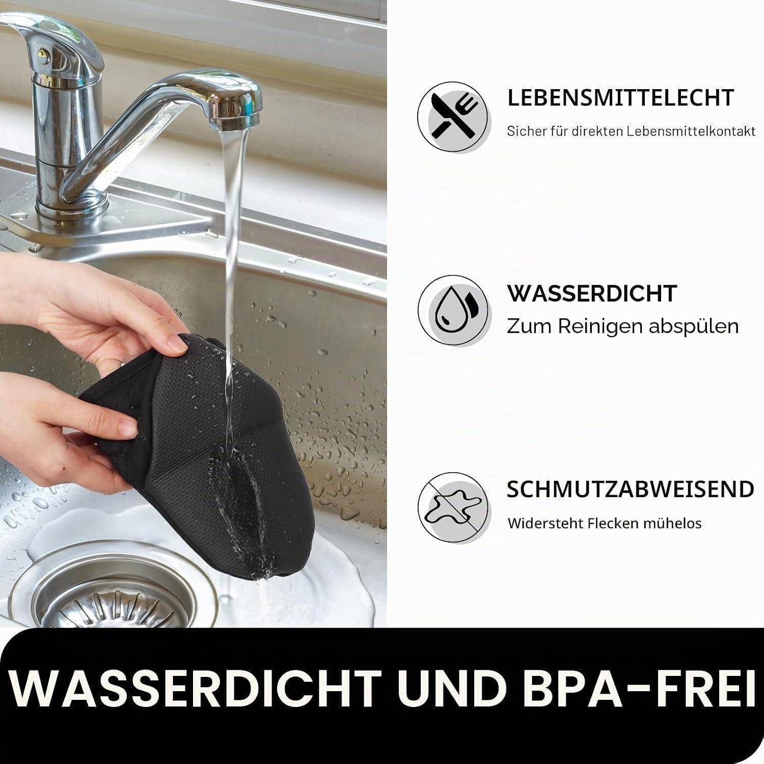 Hände spülen einen schwarzen Beutel unter einem Küchenhahn; deutscher Text besagt, dass er wasserdicht, lebensmittelsicher und fleckenresistent ist, BPA-frei.