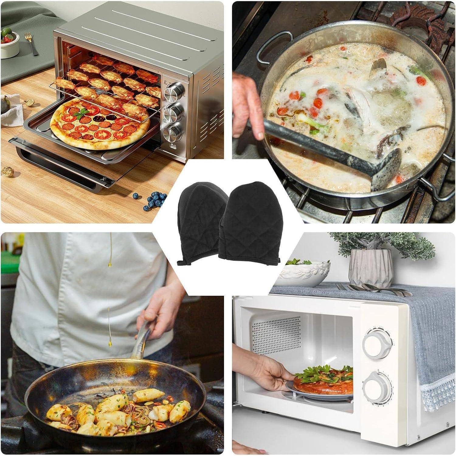 Collage von hitzebeständigen Ofenhandschuhen und Küchenszenen: Mini-Pizzas backen, in einer heißen Pfanne rühren, Suppe kochen und ein Gericht aus der Mikrowelle nehmen.