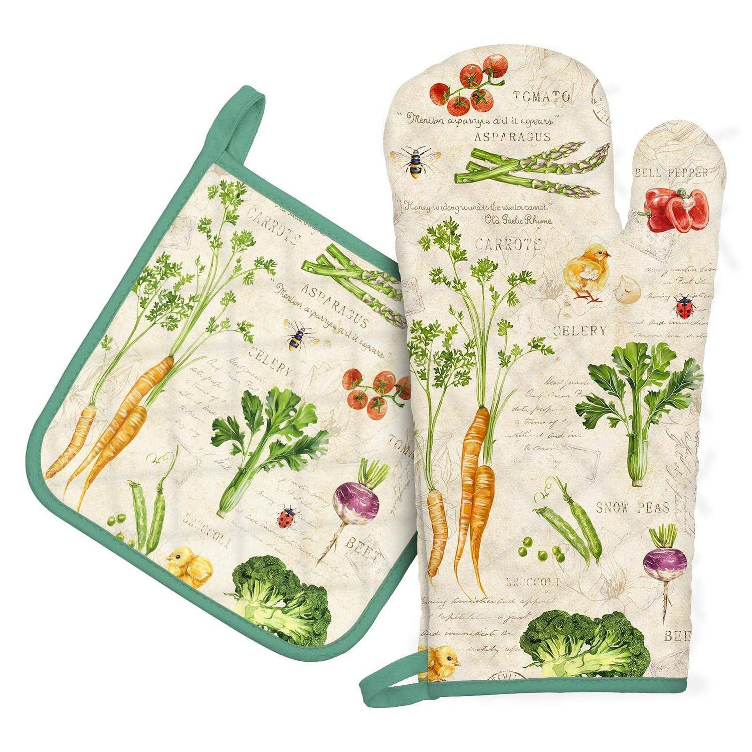 Ofenhandschuh und Topflappen mit Blumen- und Gemüsemuster und Teal-Besatz, mit Motiven von Karotten, Spargel, Sellerie, Erbsen, Paprika, Brokkoli und Rüben.