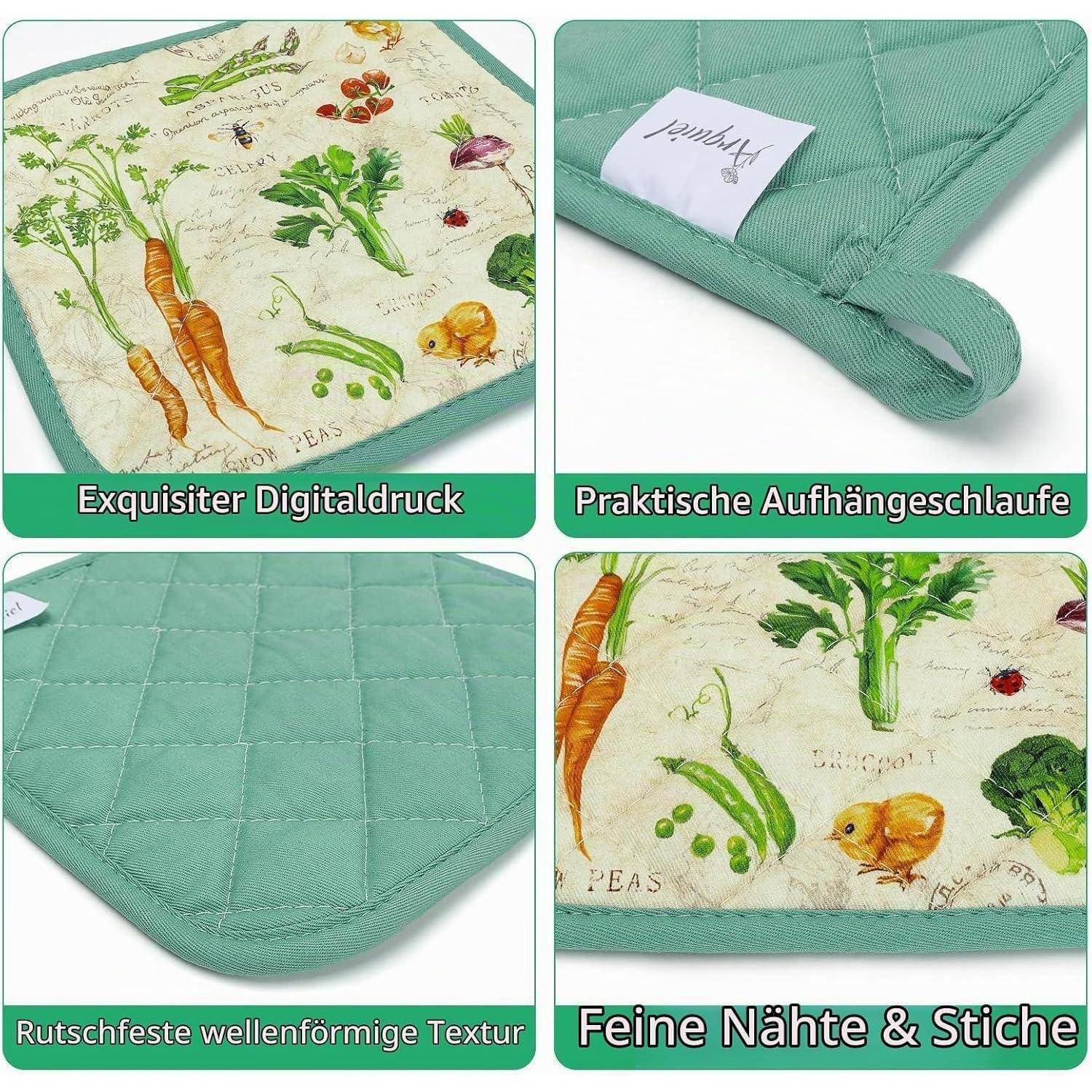 Collage eines gesteppten mintgrünen Topflappens mit Gemüseprint, Aufhängeschlaufe, rutschfeste Wellentextur und feiner Steppnaht, mit deutschen Beschriftungen.