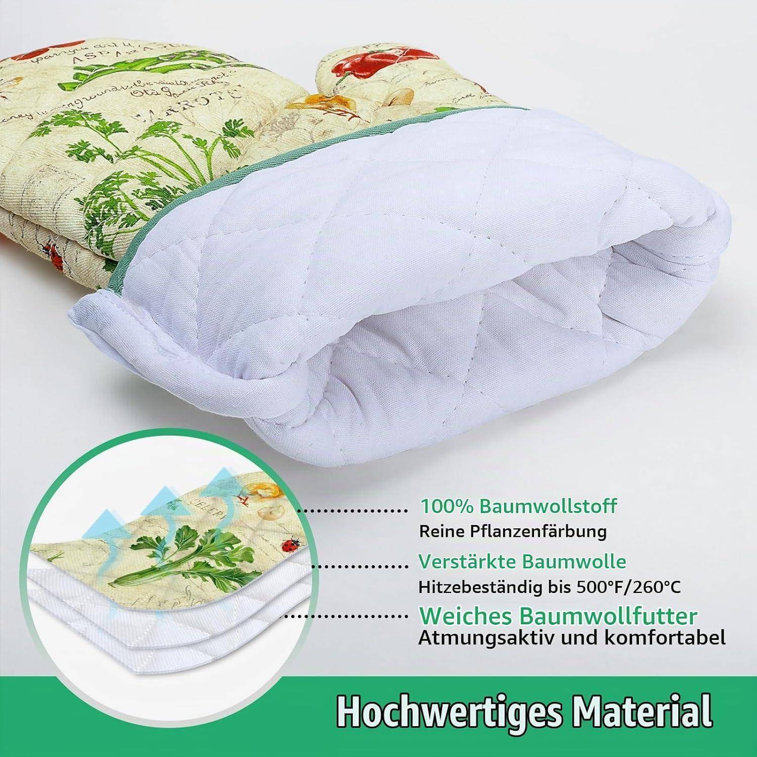 Diagramm einer gesteppten Tasche oder eines Kissens mit Schichtenstruktur aus Baumwollstoff; der Text hebt '100% Baumwollstoff', Hitzebeständigkeit bis 500°F/260°C und weiche, atmungsaktive Bequemlichkeit hervor.