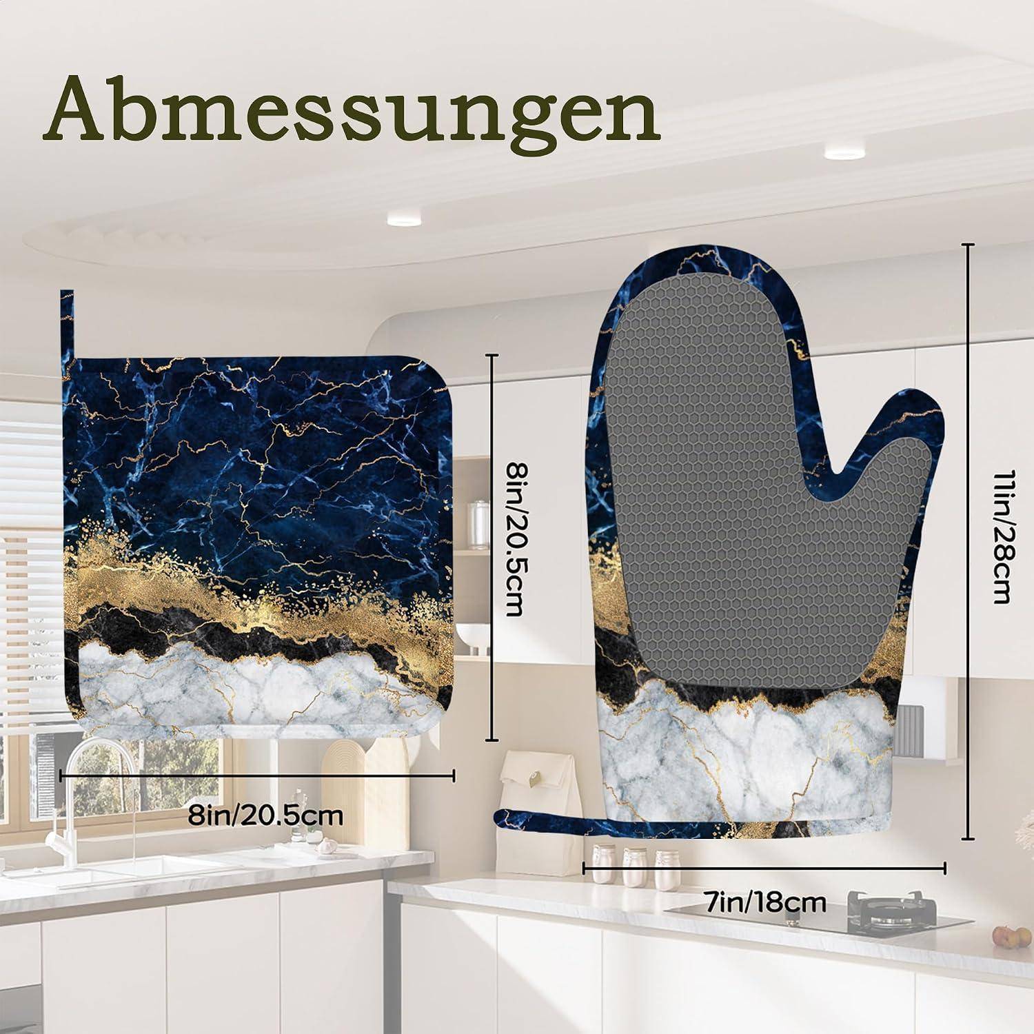Größentabelle für einen marmorierten Ofenhandschuh und passendes Topflappen-Set, beschriftet mit 