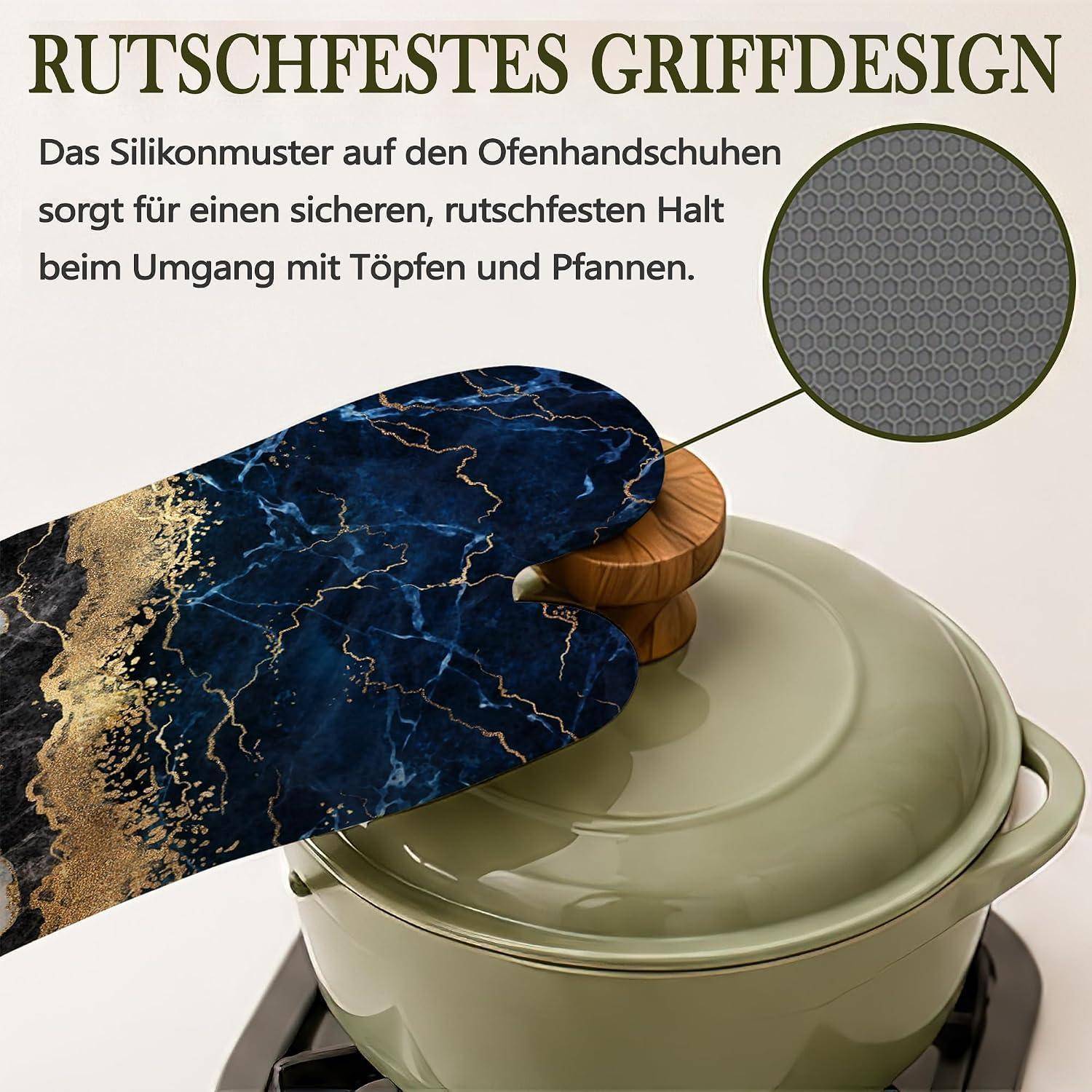 Ofenhandschuhe & Topflappen 4er-Set Blau Marmor Optik Hitzebeständig