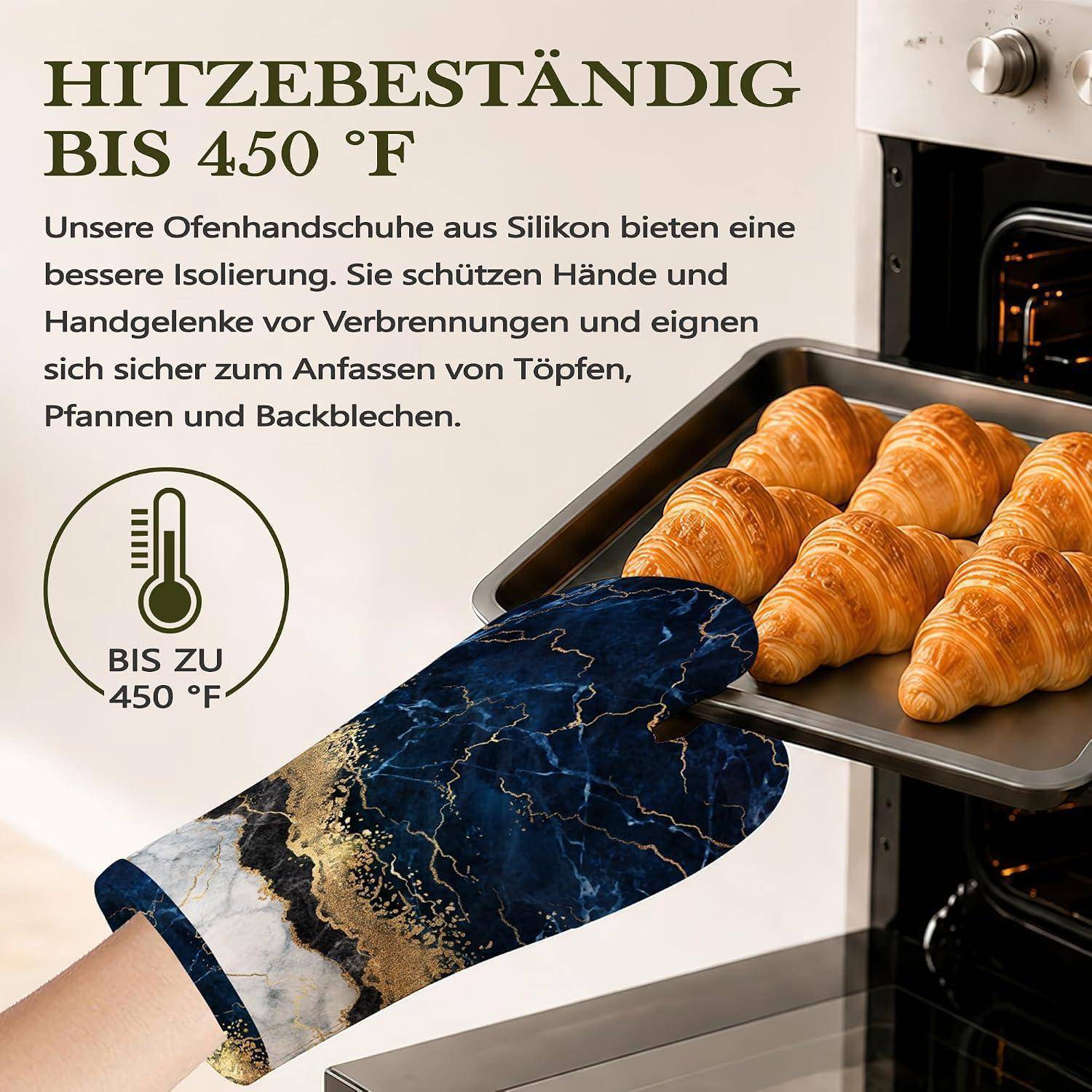 Silikon-Ofenhandschuhe, hitzebeständig bis 450°F, mit einer behandschuhten Hand, die ein Tablett mit Croissants aus dem Ofen holt.