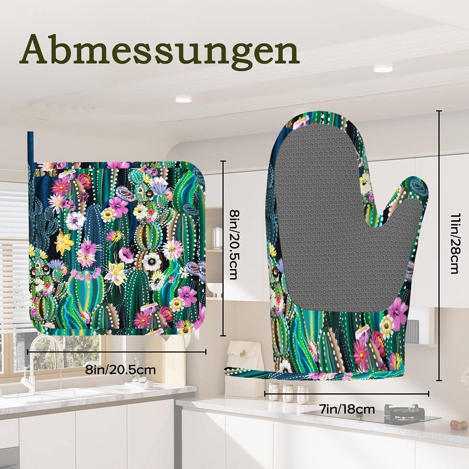 Abmessungen mit einem gemusterten Ofenhandschuh und passender Topflappen in einer Küche, beschriftet mit 8in/20,5cm breit, 11in/28cm hoch und 7in/18cm breit.