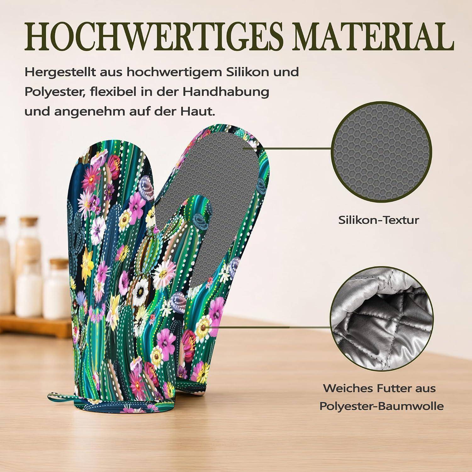 Werbeabbildung bunter Ofenhandschuhe mit deutschem Text „Hochwertiges Material