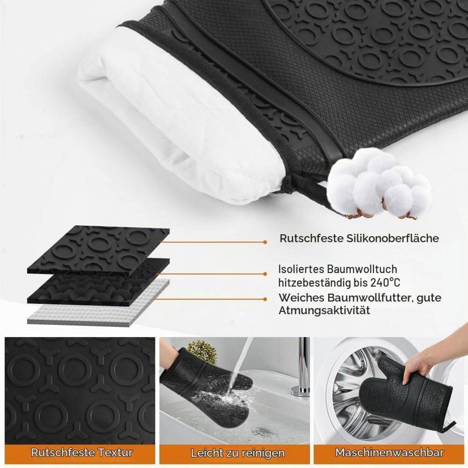Produktbild eines schwarzen isolierten Ofenhandschuhs mit Baumwollfutter, das eine rutschfeste Silikonoberfläche zeigt, Hitzebeständigkeit bis 240°C, einfache Reinigung und Maschinenwäsche.